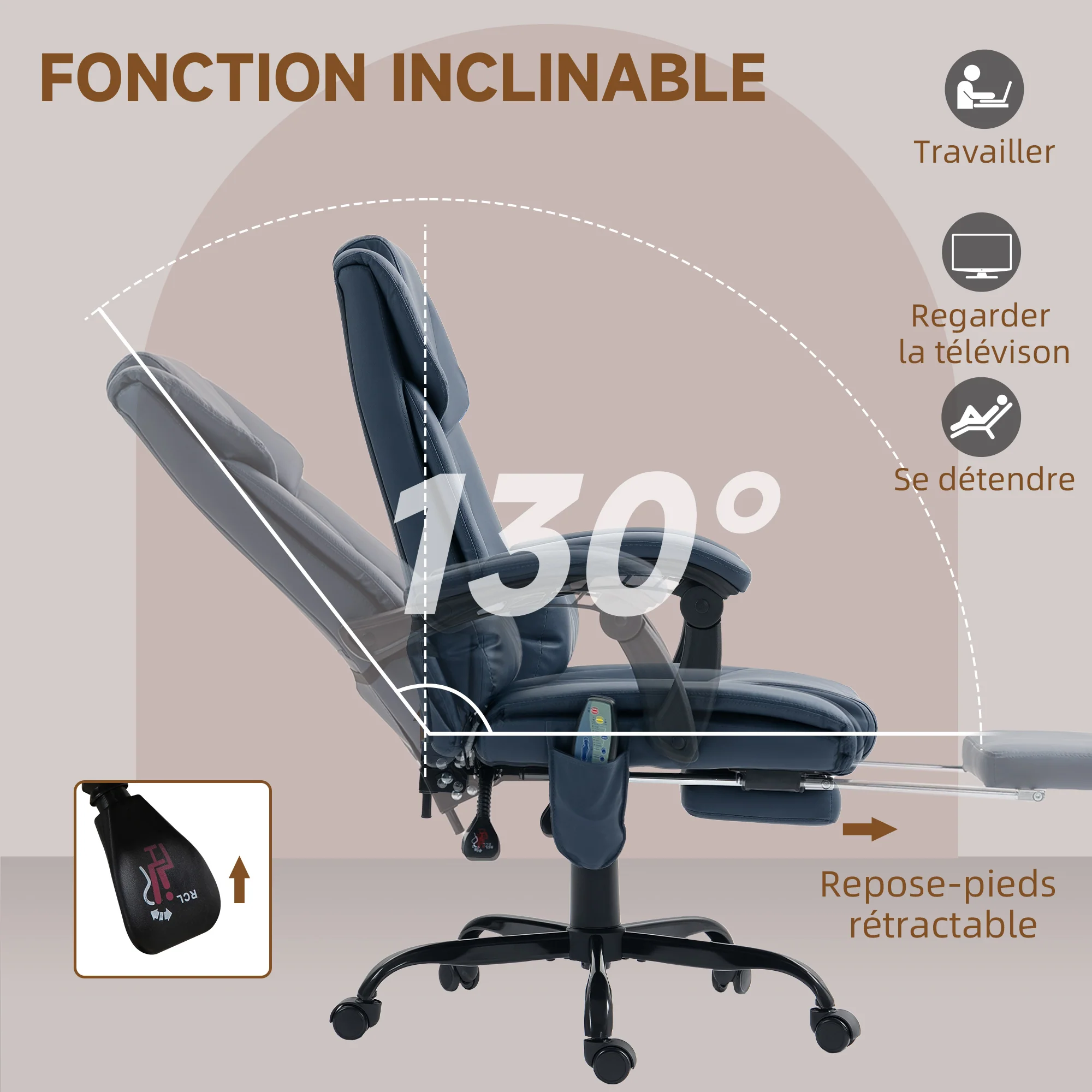 Fauteuil de bureau massant avec repose-pieds, chaise de bureau, chaise ergonomique, hauteur réglable, dossier inclinable et télécommande filaire, tissu en revêtement synthétique, bleu - Image 6