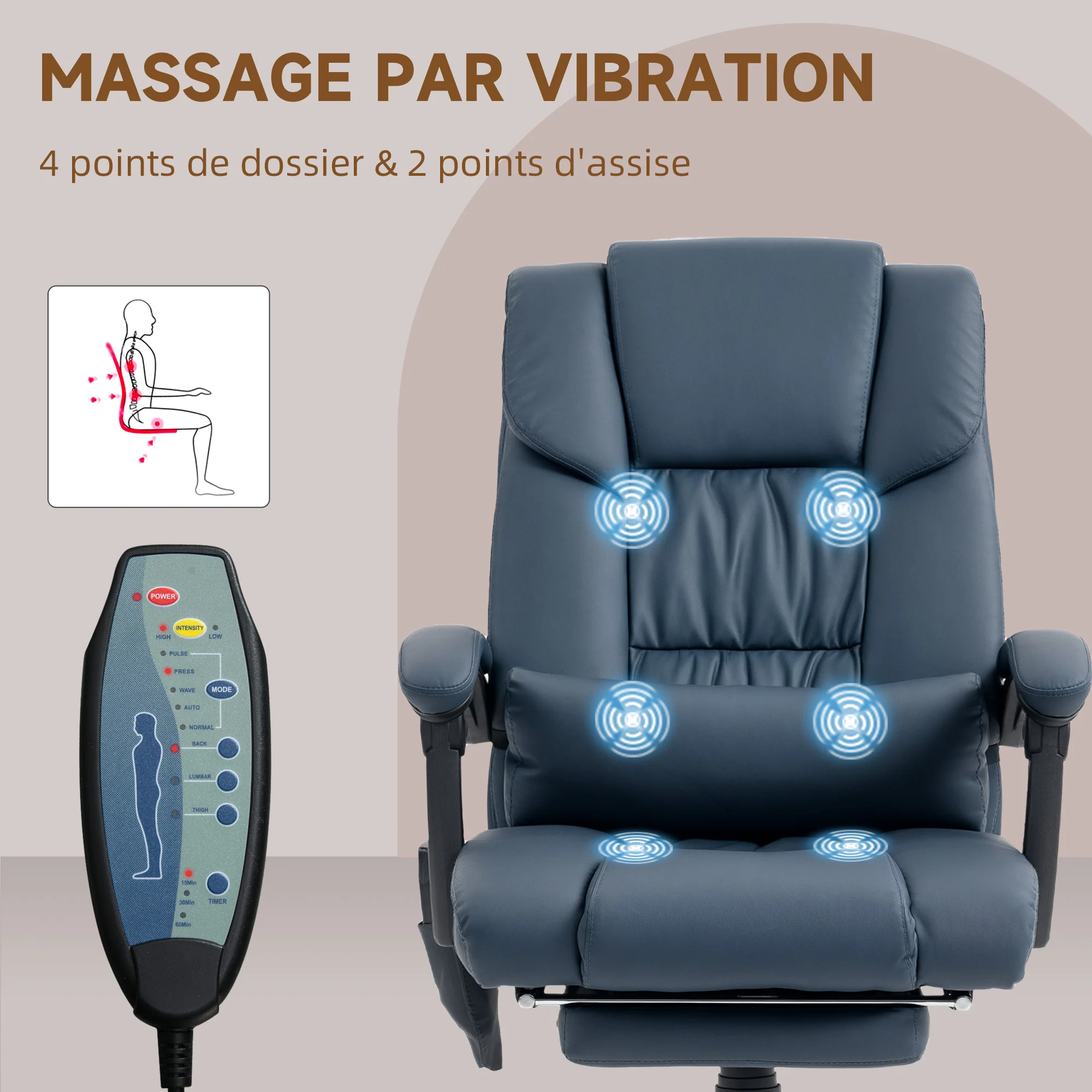 Fauteuil de bureau massant avec repose-pieds, chaise de bureau, chaise ergonomique, hauteur réglable, dossier inclinable et télécommande filaire, tissu en revêtement synthétique, bleu - Image 7