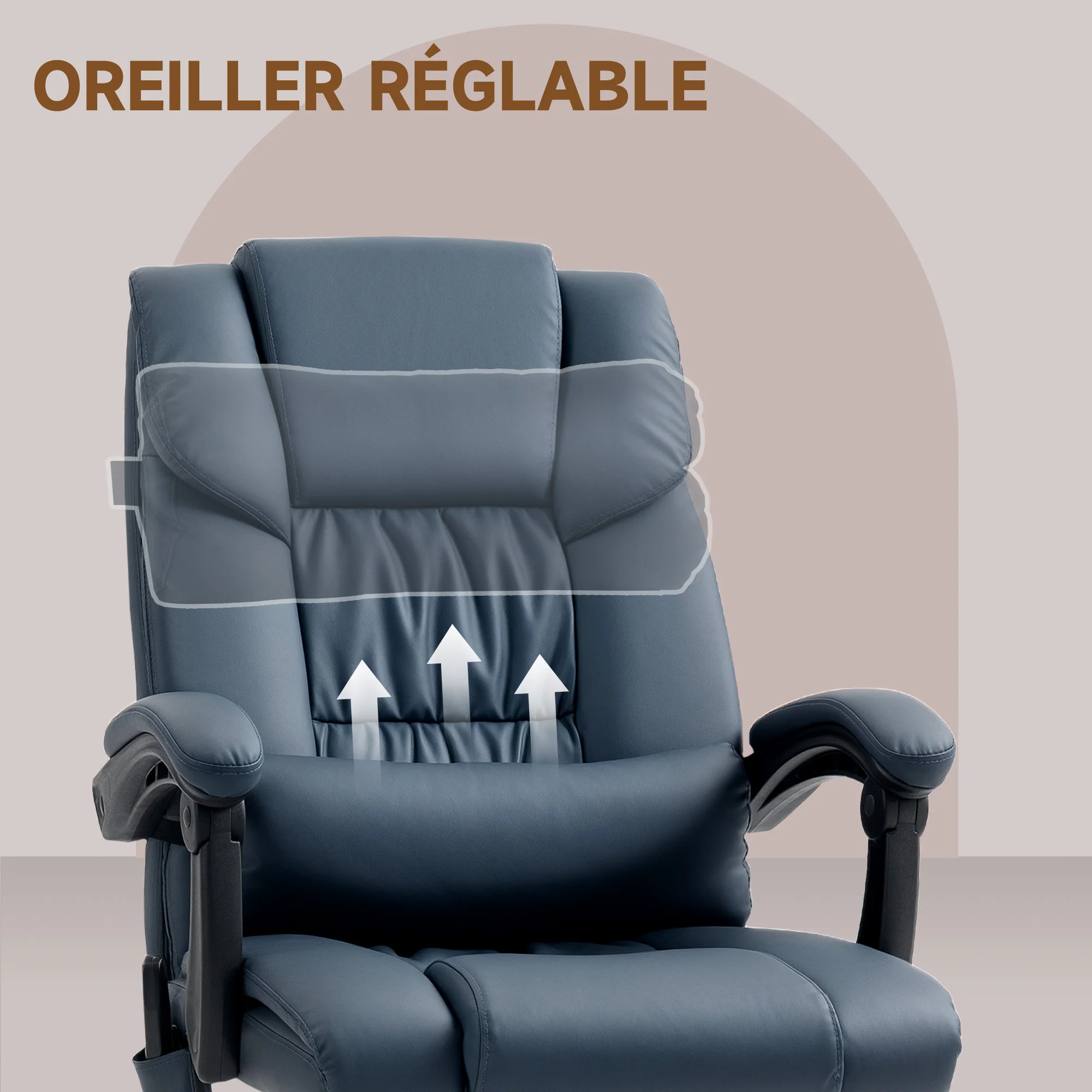 Fauteuil de bureau massant avec repose-pieds, chaise de bureau, chaise ergonomique, hauteur réglable, dossier inclinable et télécommande filaire, tissu en revêtement synthétique, bleu - Image 8