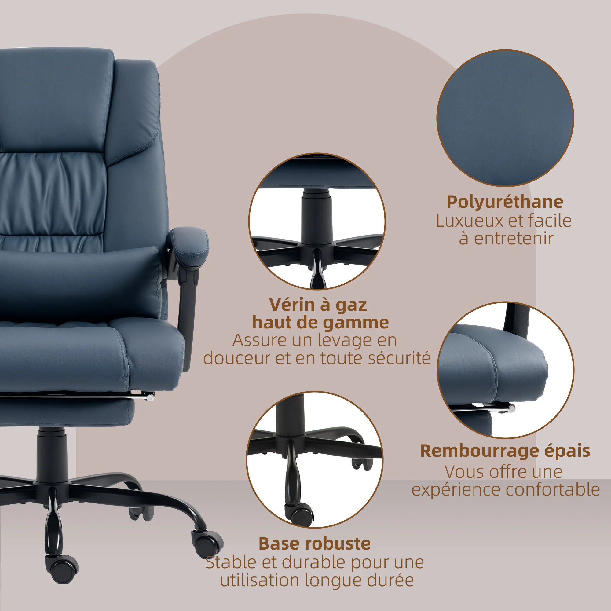 Fauteuil de bureau massant avec repose-pieds, chaise de bureau, chaise ergonomique, hauteur réglable, dossier inclinable et télécommande filaire, tissu en revêtement synthétique, bleu - Image 9