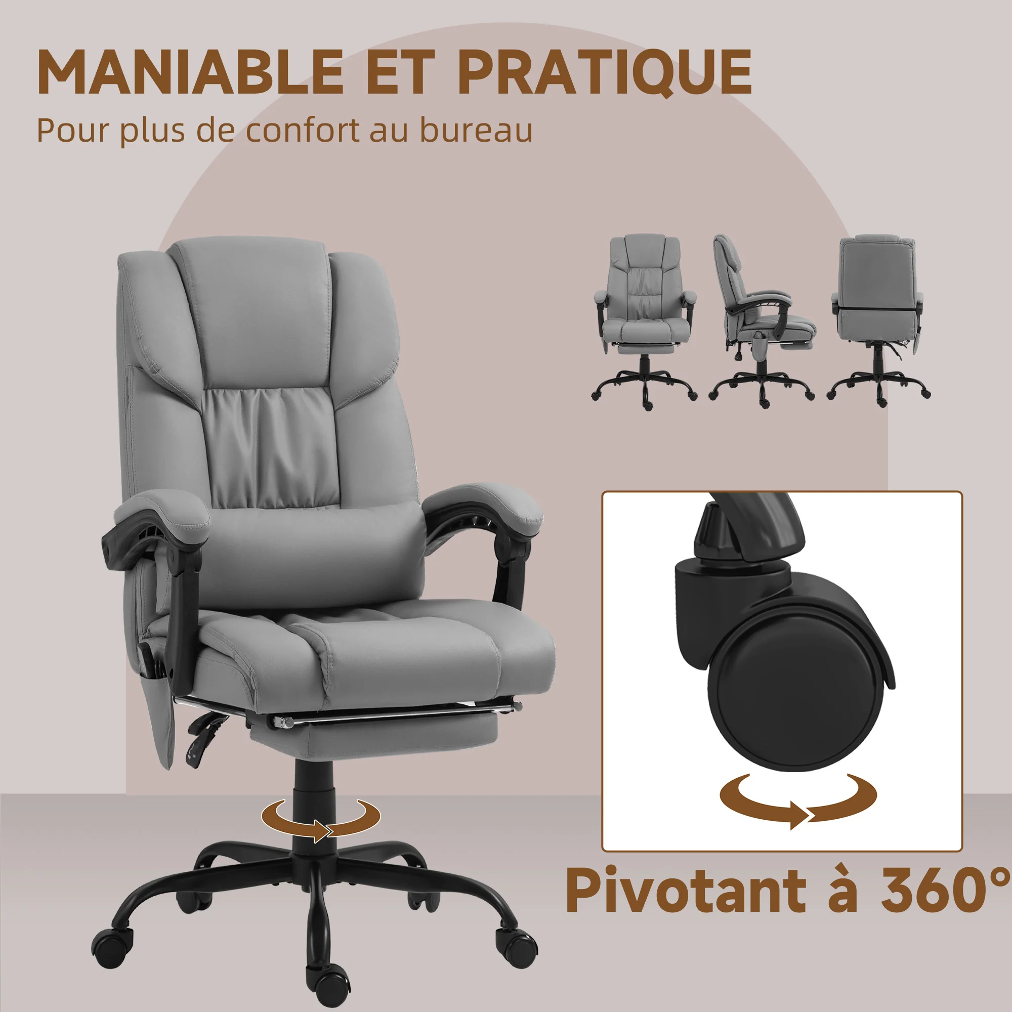 Fauteuil de bureau massant avec repose-pieds, chaise de bureau, chaise ergonomique, hauteur réglable, dossier inclinable et télécommande filaire, tissu en revêtement synthétique gris - Image 10