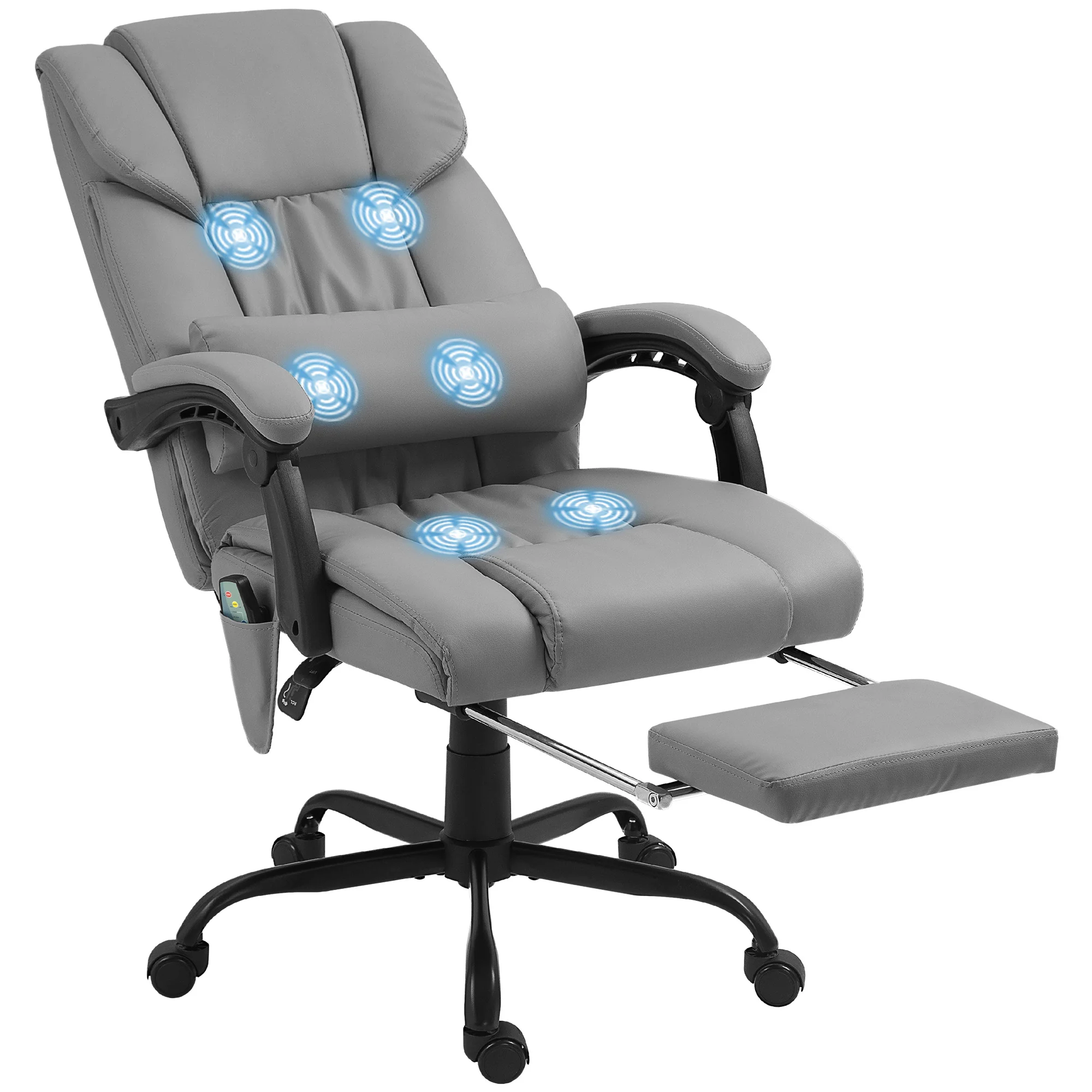 Fauteuil de bureau massant avec repose-pieds, chaise de bureau, chaise ergonomique, hauteur réglable, dossier inclinable et télécommande filaire, tissu en revêtement synthétique gris - Image 11