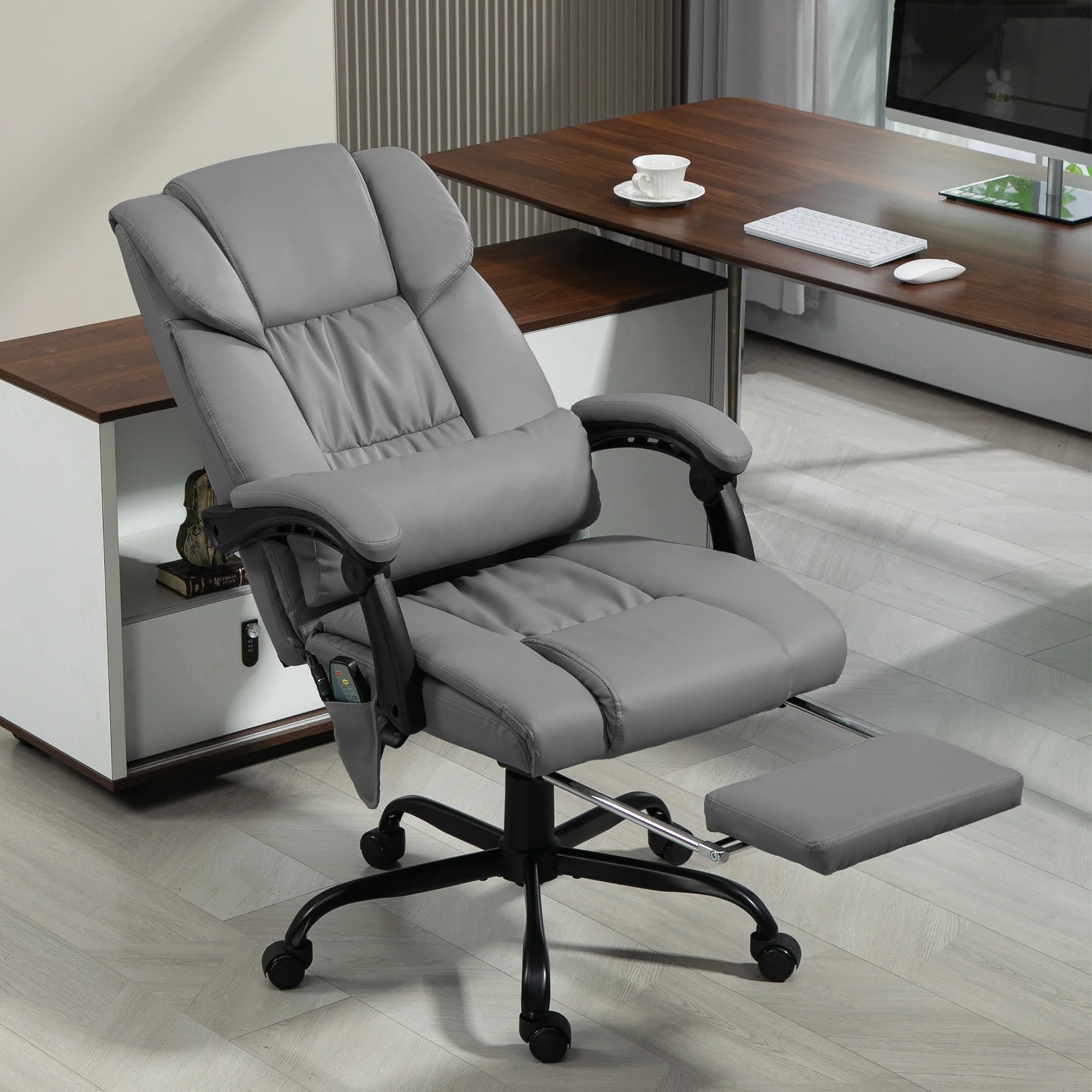 Fauteuil de bureau massant avec repose-pieds, chaise de bureau, chaise ergonomique, hauteur réglable, dossier inclinable et télécommande filaire, tissu en revêtement synthétique gris - Image 3