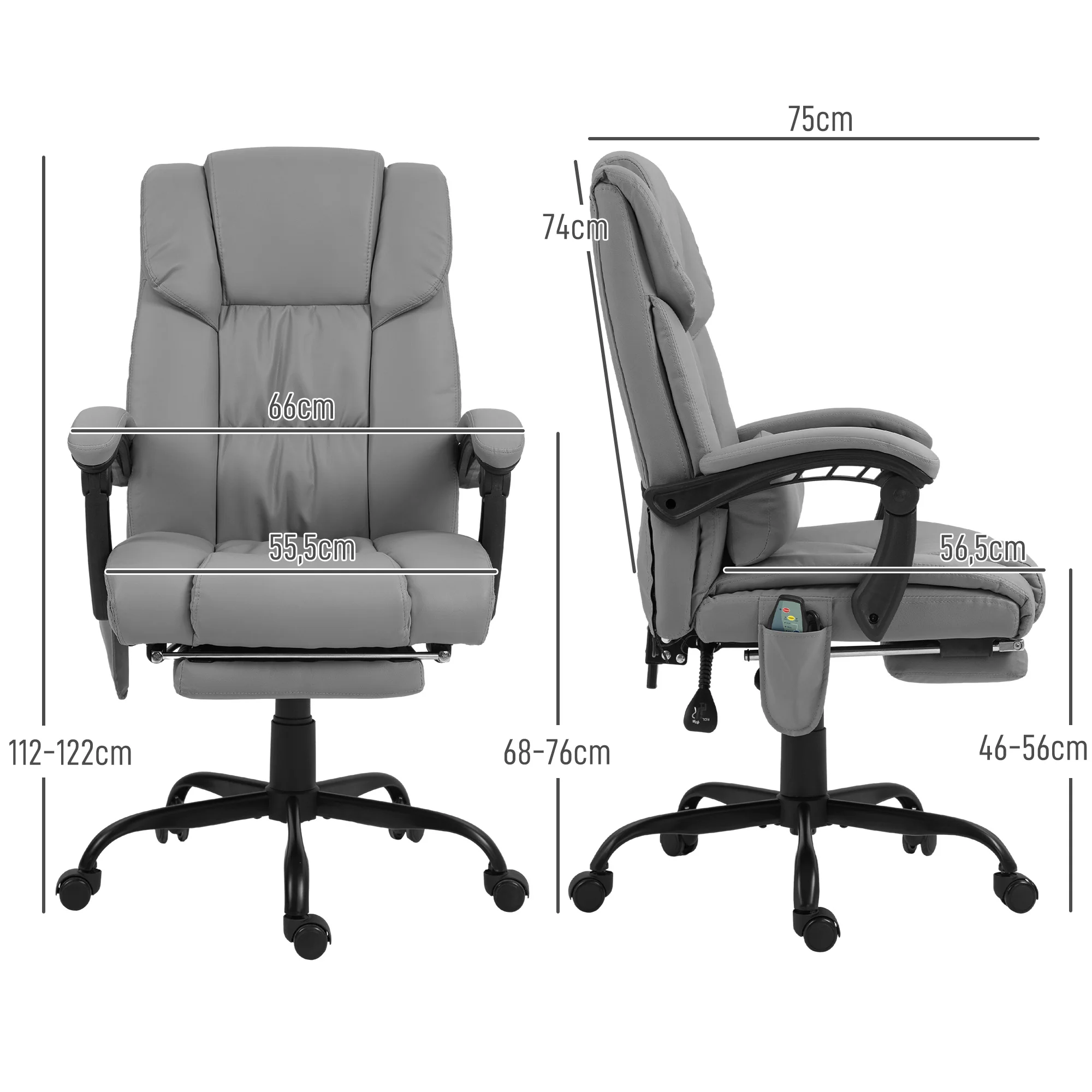 Fauteuil de bureau massant avec repose-pieds, chaise de bureau, chaise ergonomique, hauteur réglable, dossier inclinable et télécommande filaire, tissu en revêtement synthétique gris - Image 4