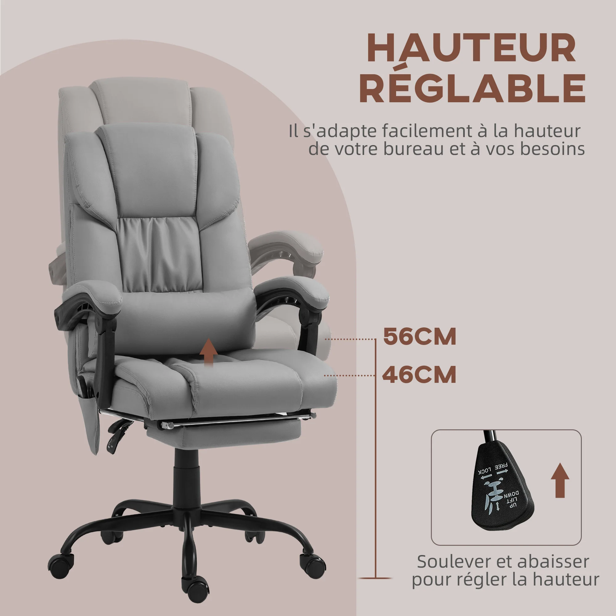 Fauteuil de bureau massant avec repose-pieds, chaise de bureau, chaise ergonomique, hauteur réglable, dossier inclinable et télécommande filaire, tissu en revêtement synthétique gris - Image 5