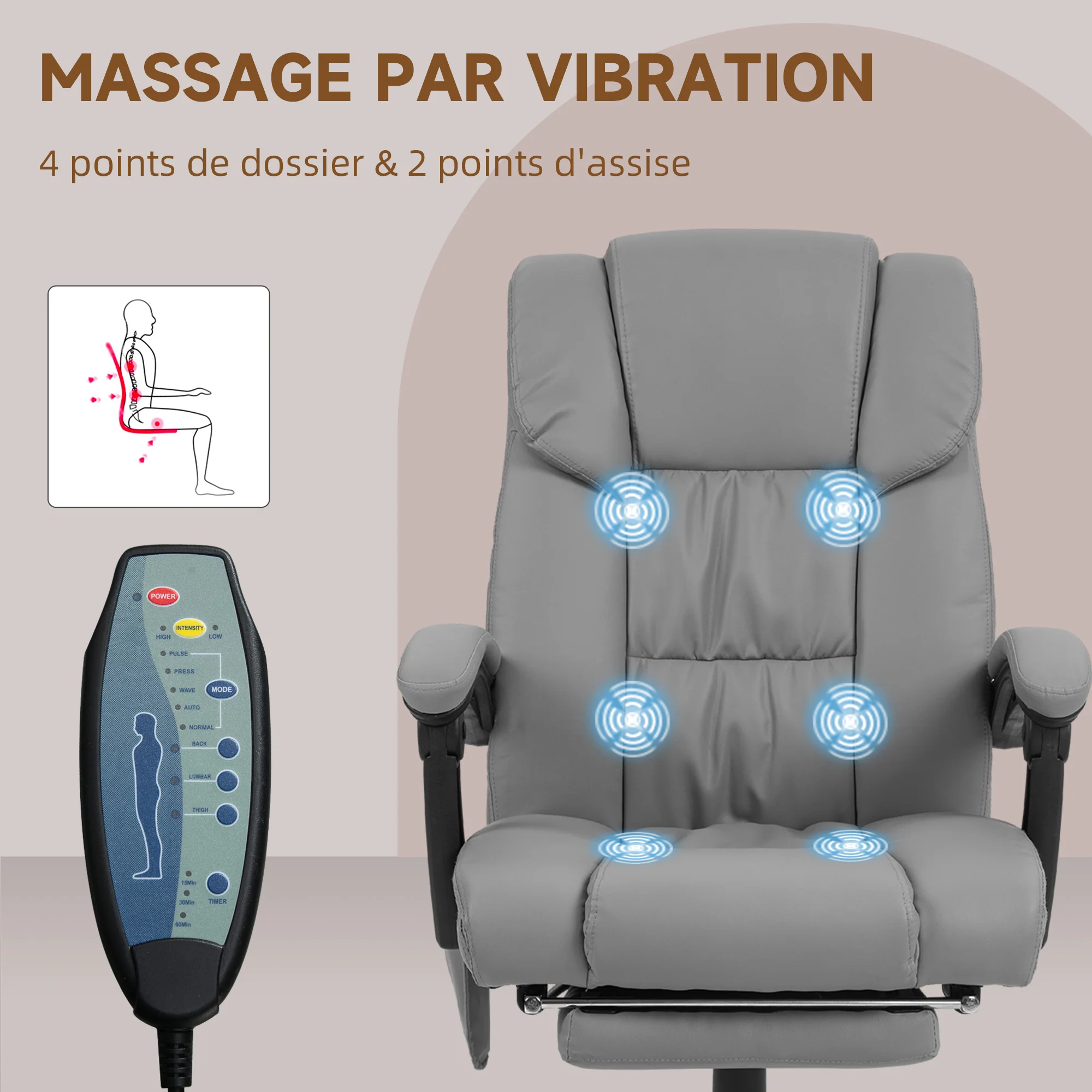 Fauteuil de bureau massant avec repose-pieds, chaise de bureau, chaise ergonomique, hauteur réglable, dossier inclinable et télécommande filaire, tissu en revêtement synthétique gris - Image 7
