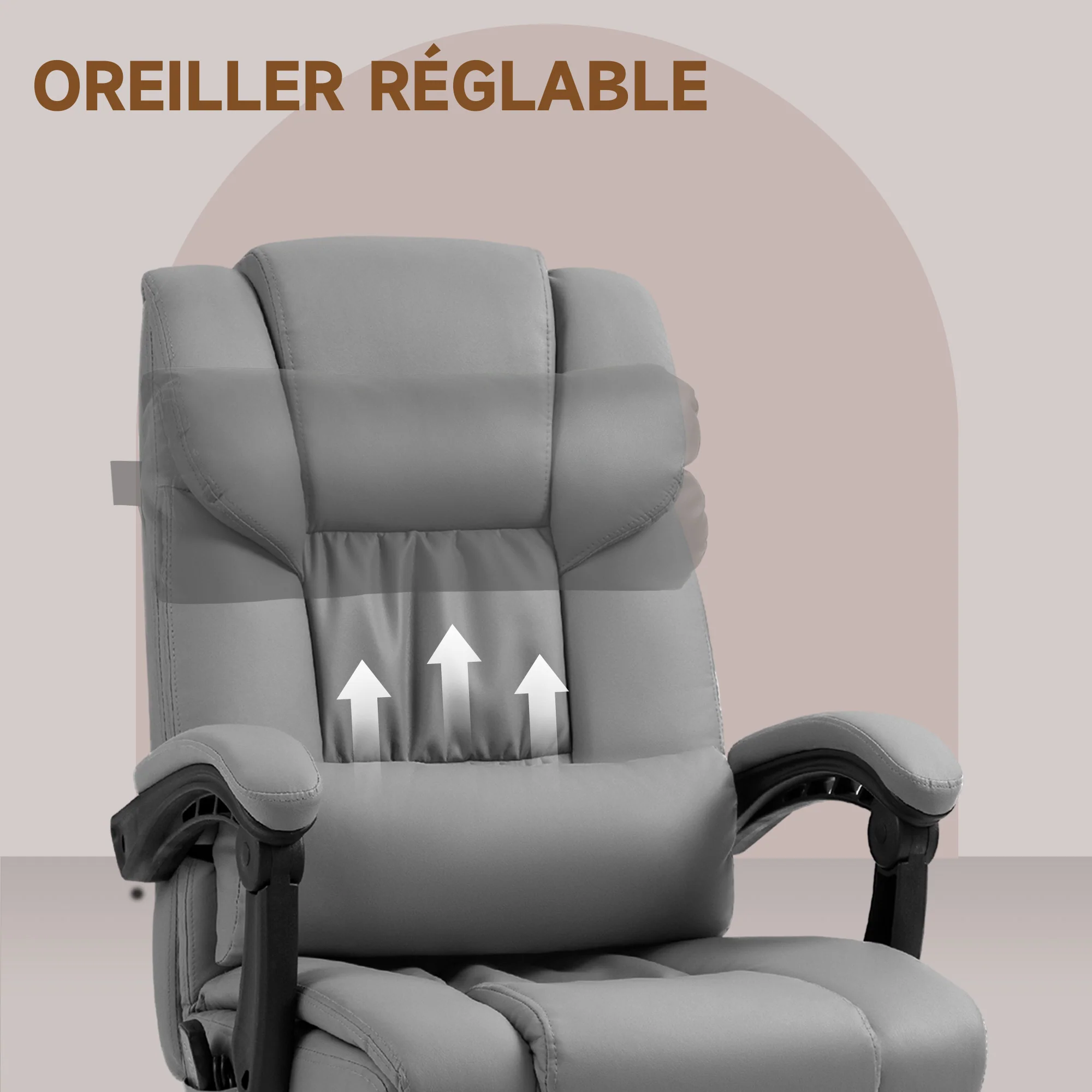 Fauteuil de bureau massant avec repose-pieds, chaise de bureau, chaise ergonomique, hauteur réglable, dossier inclinable et télécommande filaire, tissu en revêtement synthétique gris - Image 8