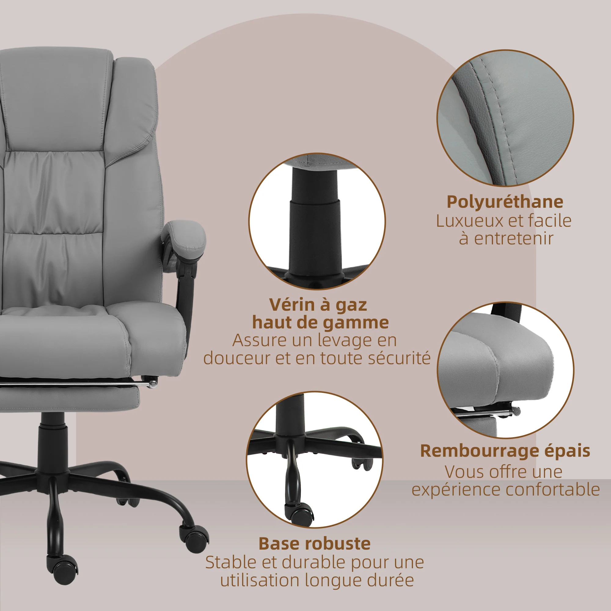 Fauteuil de bureau massant avec repose-pieds, chaise de bureau, chaise ergonomique, hauteur réglable, dossier inclinable et télécommande filaire, tissu en revêtement synthétique gris - Image 9