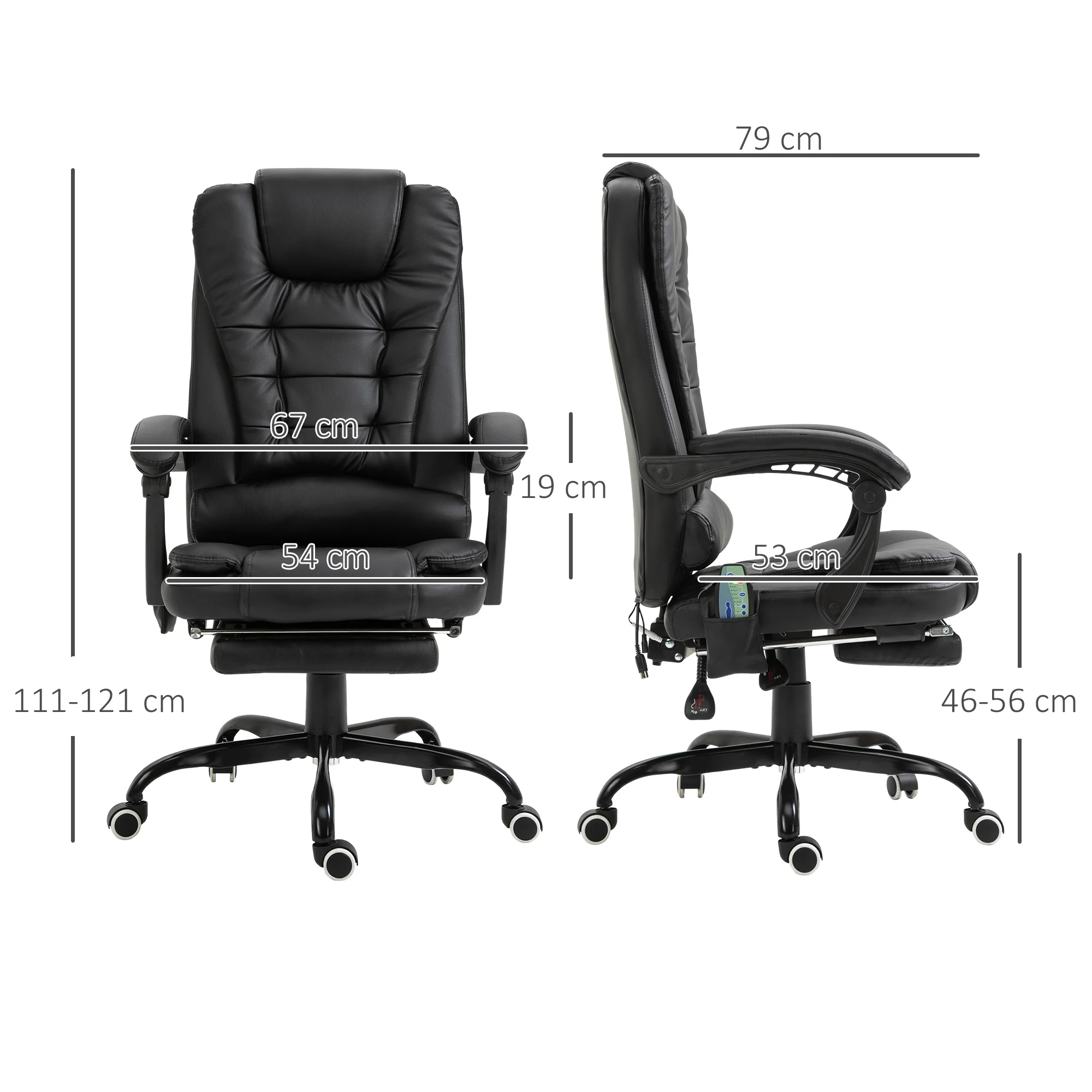Fauteuil de bureau massant, chaise de bureau, chaise ergonomique avec hauteur réglable, dossier inclinable et télécommande filaire, repose-pieds rétractable et pivotant à 360°, noir - Image 4