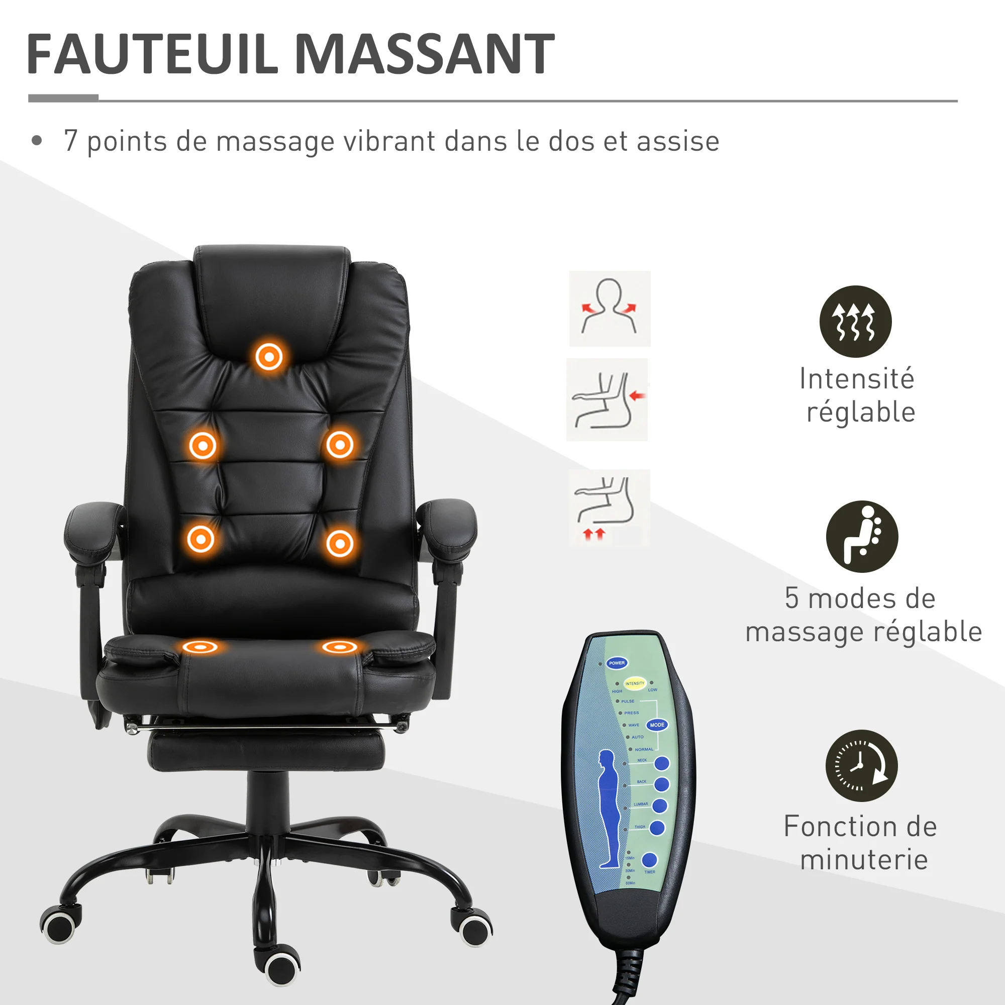 Fauteuil de bureau massant, chaise de bureau, chaise ergonomique avec hauteur réglable, dossier inclinable et télécommande filaire, repose-pieds rétractable et pivotant à 360°, noir - Image 5