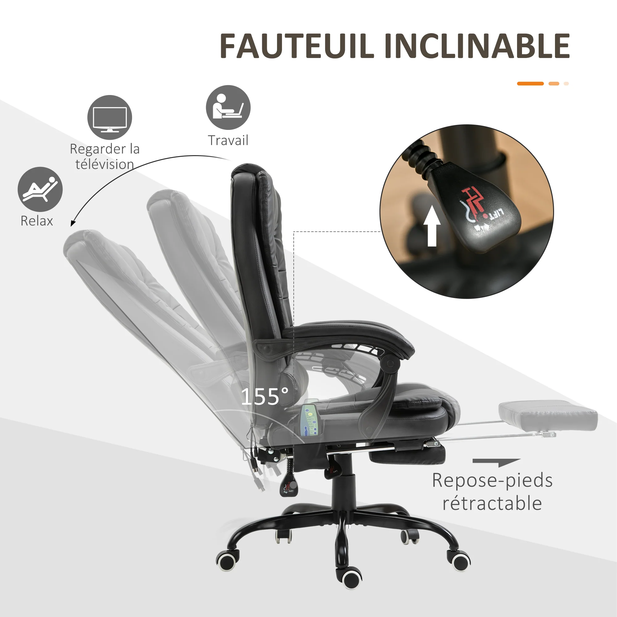 Fauteuil de bureau massant, chaise de bureau, chaise ergonomique avec hauteur réglable, dossier inclinable et télécommande filaire, repose-pieds rétractable et pivotant à 360°, noir - Image 6