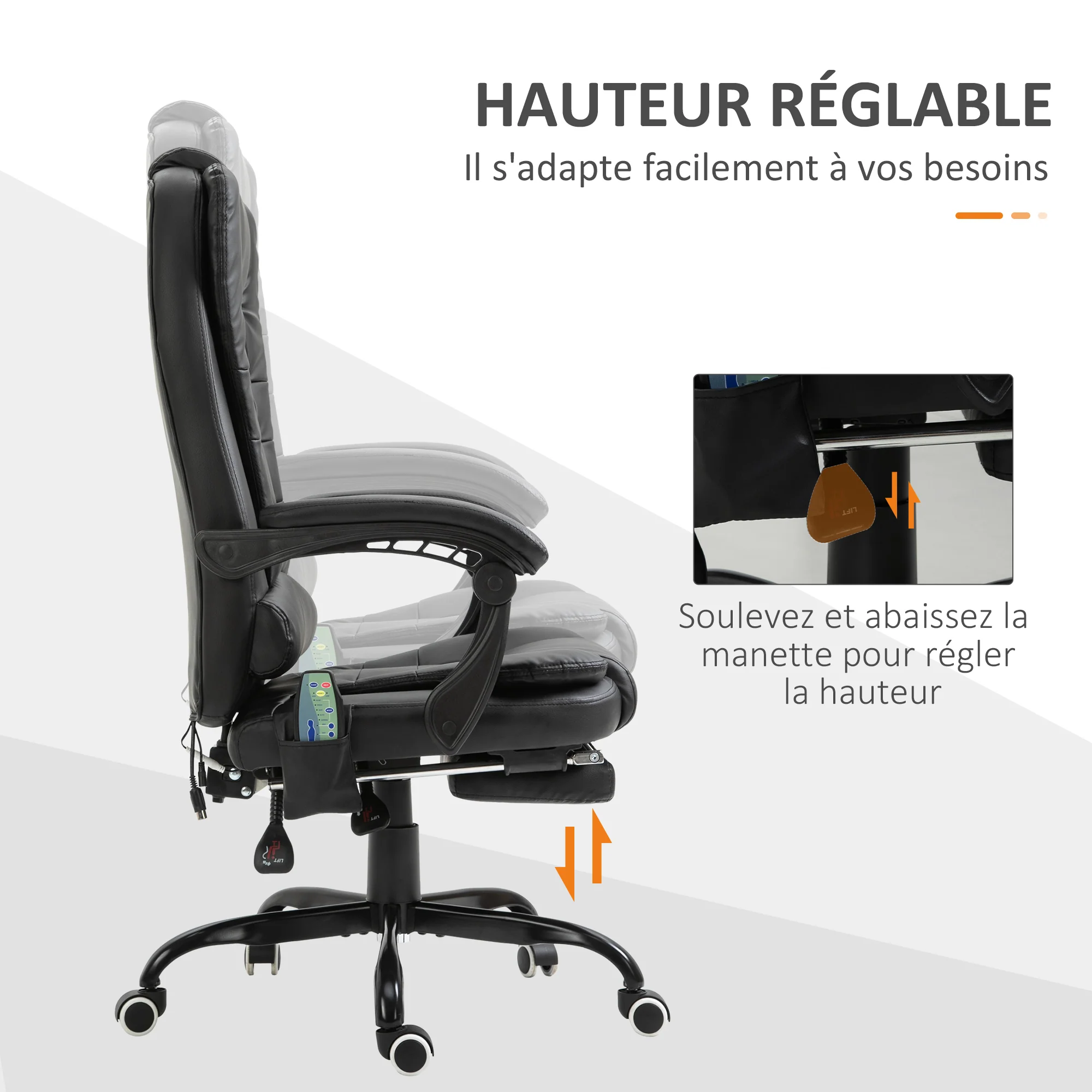 Fauteuil de bureau massant, chaise de bureau, chaise ergonomique avec hauteur réglable, dossier inclinable et télécommande filaire, repose-pieds rétractable et pivotant à 360°, noir - Image 7