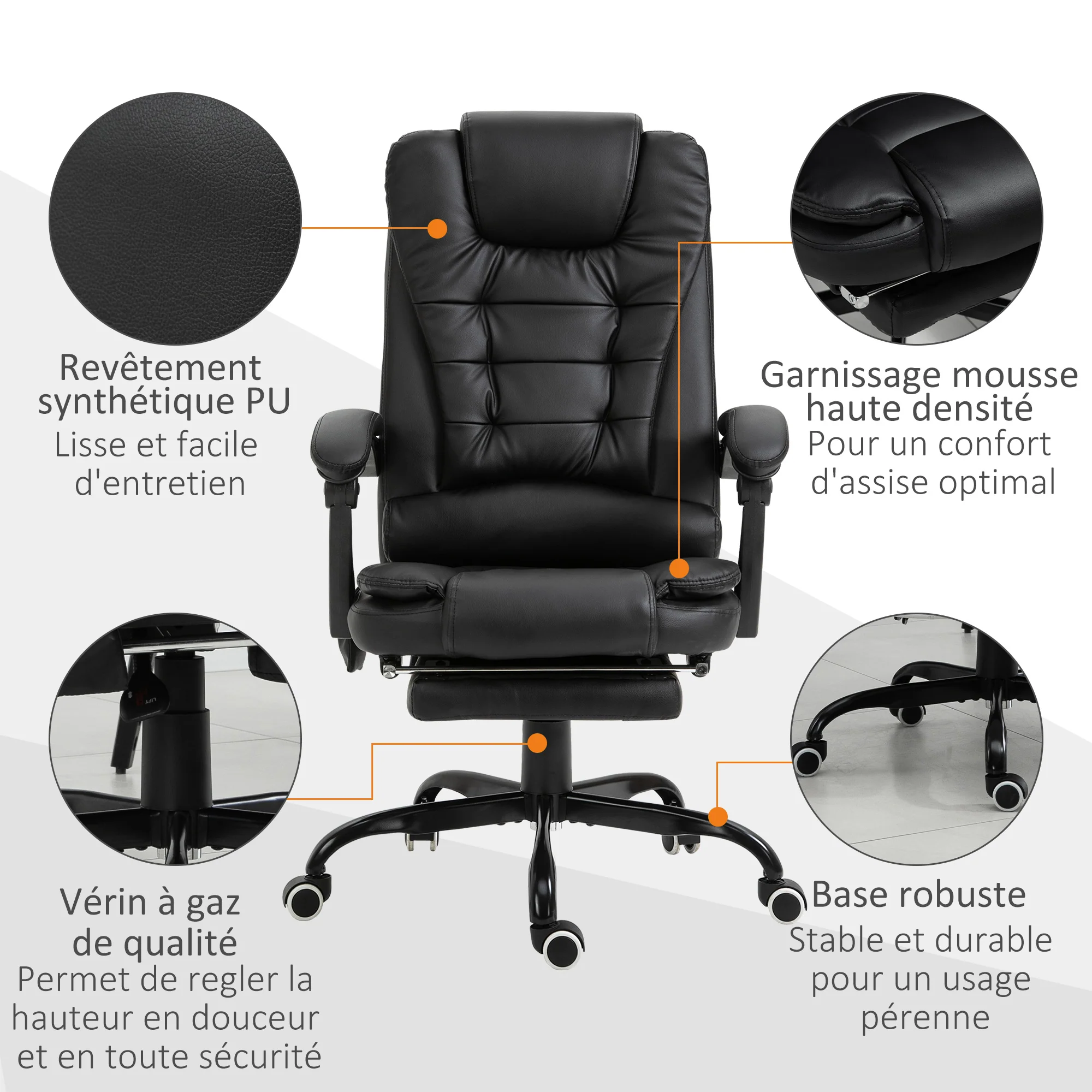 Fauteuil de bureau massant, chaise de bureau, chaise ergonomique avec hauteur réglable, dossier inclinable et télécommande filaire, repose-pieds rétractable et pivotant à 360°, noir - Image 9