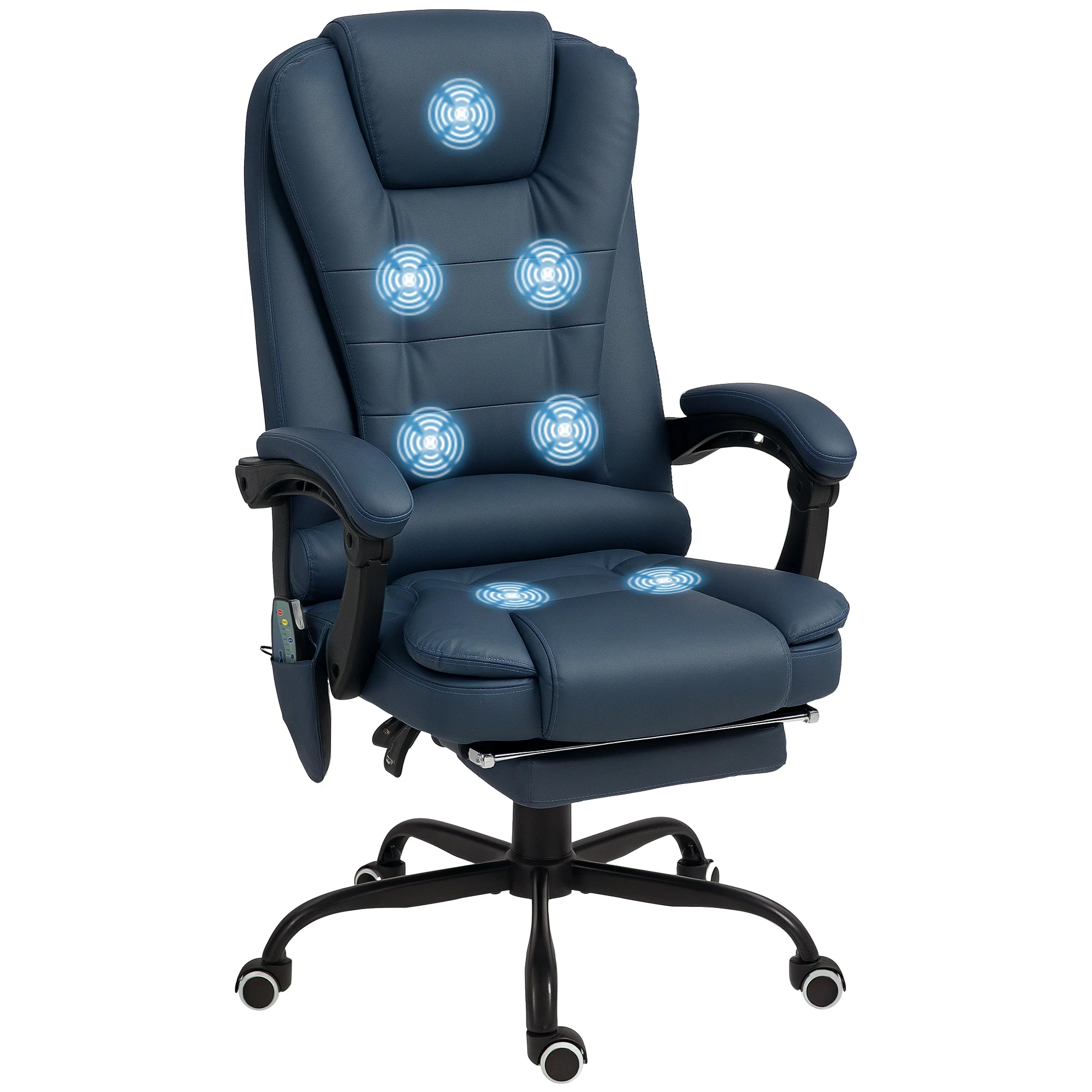 Fauteuil de bureau massant, chaise de bureau, chaise ergonomique avec hauteur réglable, dossier inclinable et télécommande filaire, repose-pieds rétractable et pivotant à 360°, bleu - Image 11