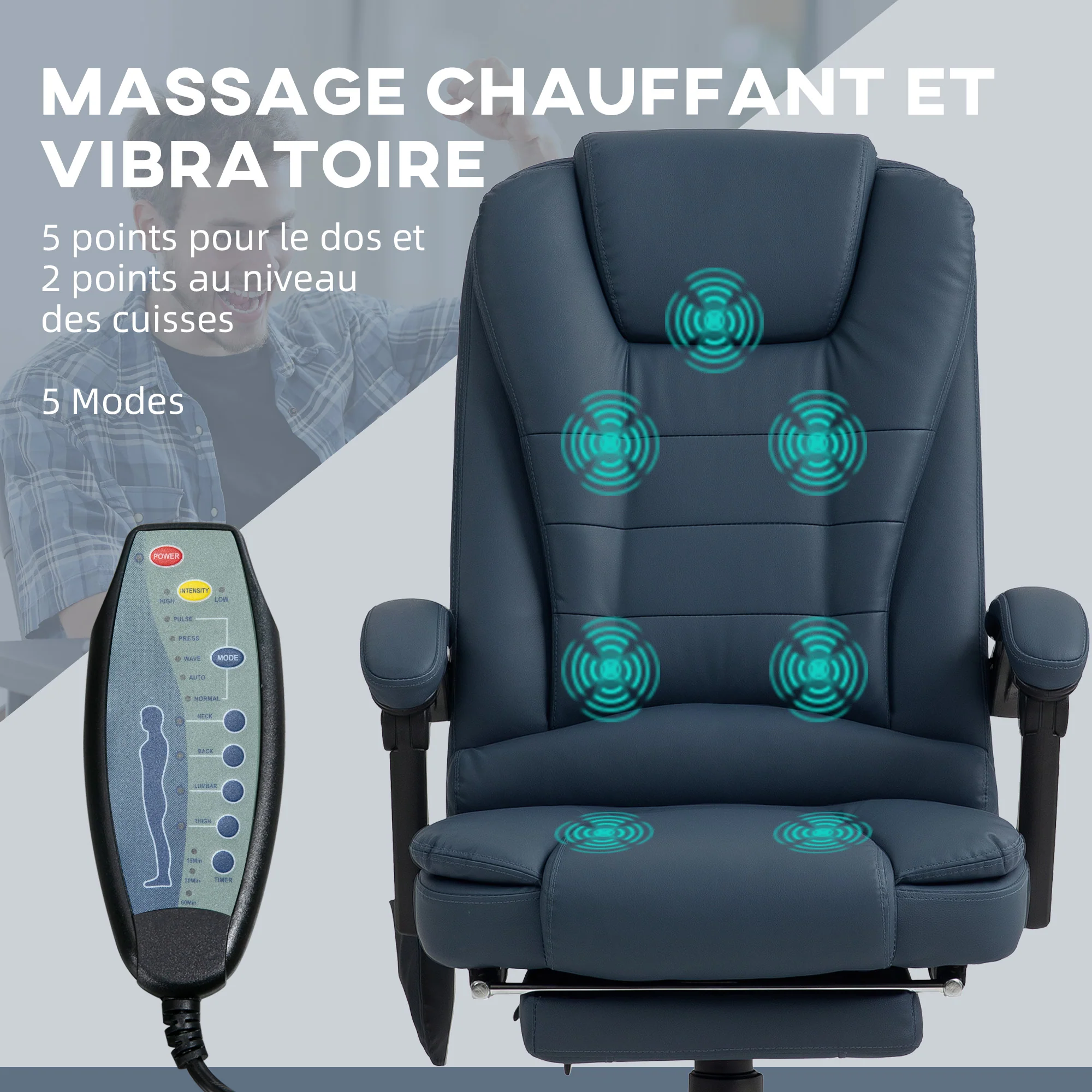 Fauteuil de bureau massant, chaise de bureau, chaise ergonomique avec hauteur réglable, dossier inclinable et télécommande filaire, repose-pieds rétractable et pivotant à 360°, bleu - Image 5