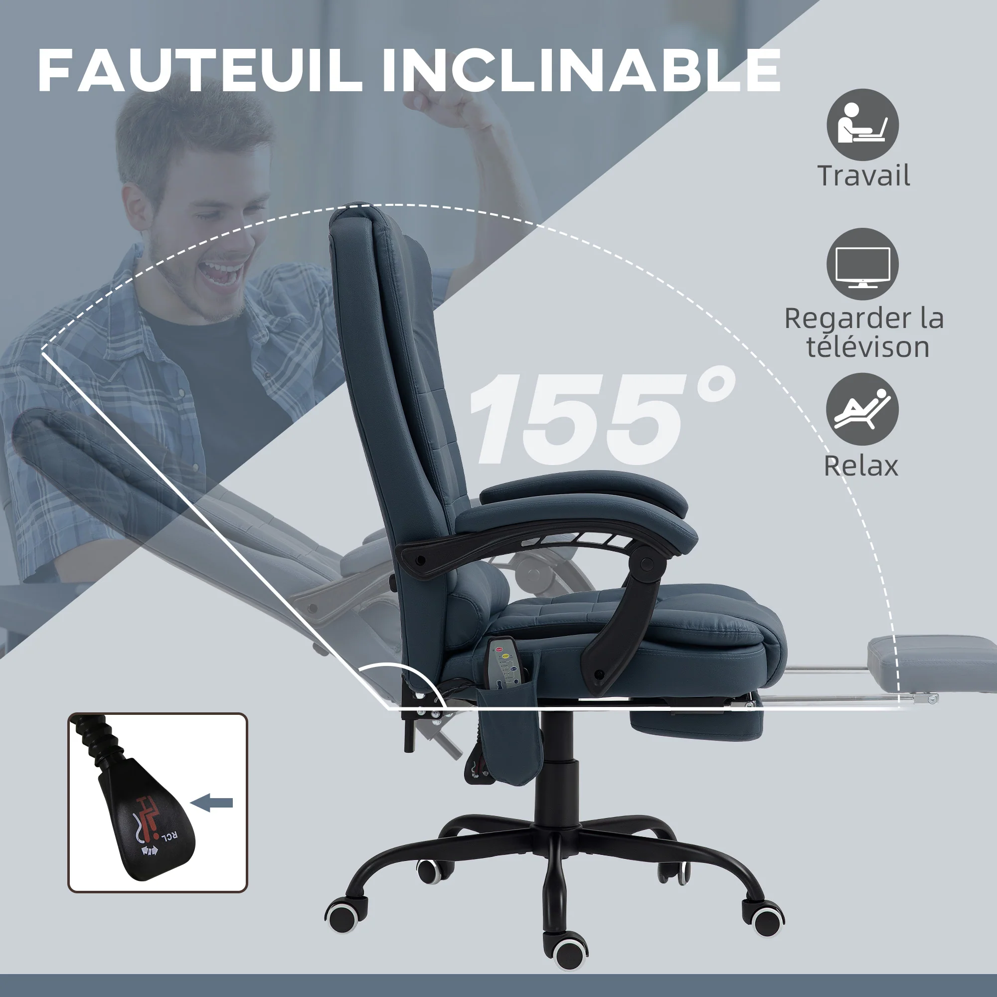 Fauteuil de bureau massant, chaise de bureau, chaise ergonomique avec hauteur réglable, dossier inclinable et télécommande filaire, repose-pieds rétractable et pivotant à 360°, bleu - Image 6