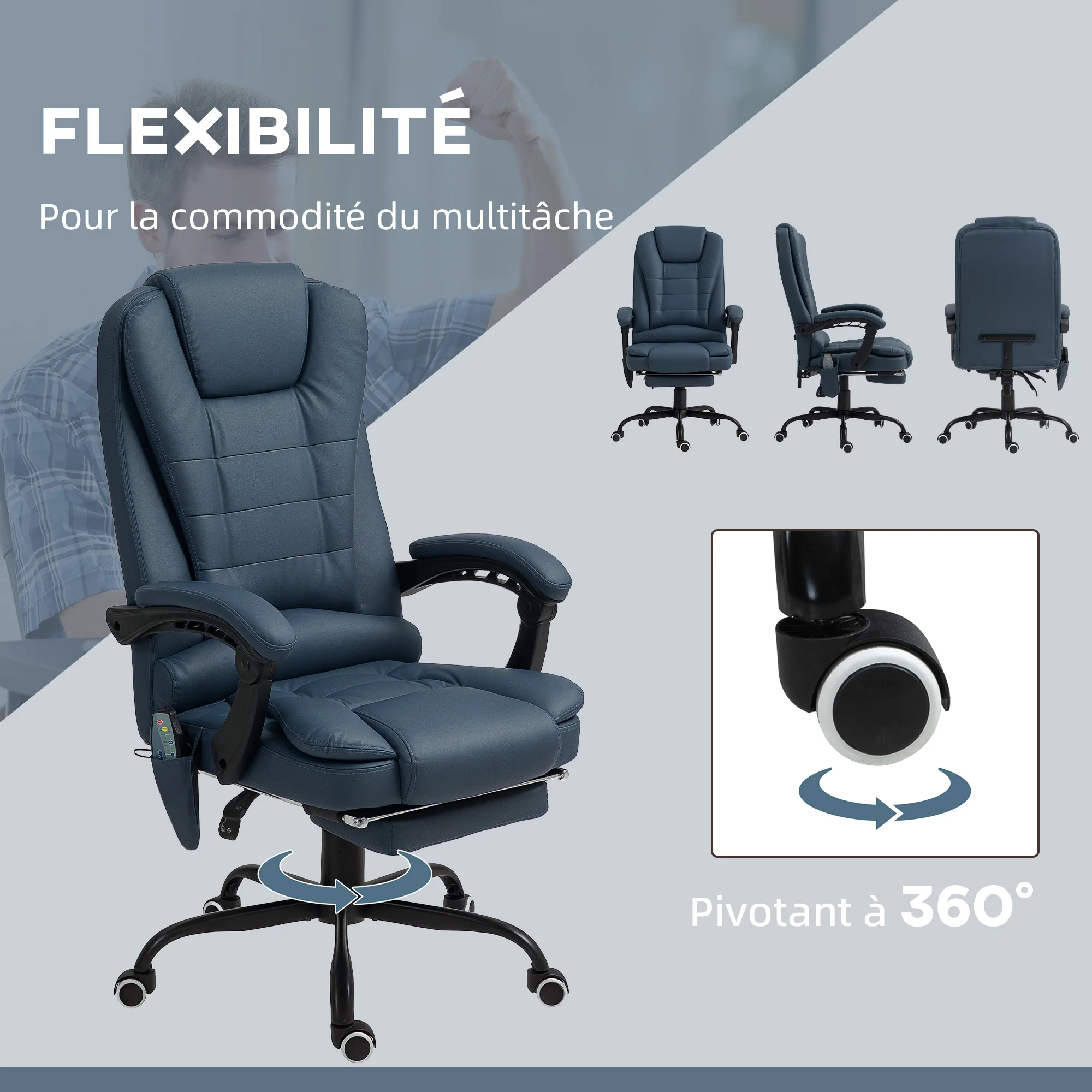 Fauteuil de bureau massant, chaise de bureau, chaise ergonomique avec hauteur réglable, dossier inclinable et télécommande filaire, repose-pieds rétractable et pivotant à 360°, bleu - Image 8