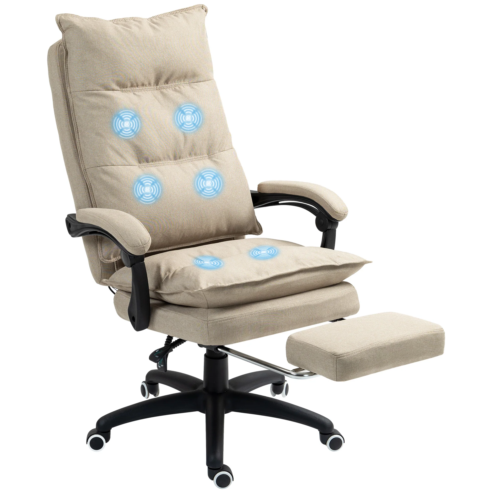 Fauteuil de bureau massant, chaise de bureau, chaise ergonomique avec hauteur réglable, dossier inclinable, repose-pied intégré et télécommande filaire, pivotant à 360°, aspect de lin beige - Image 11