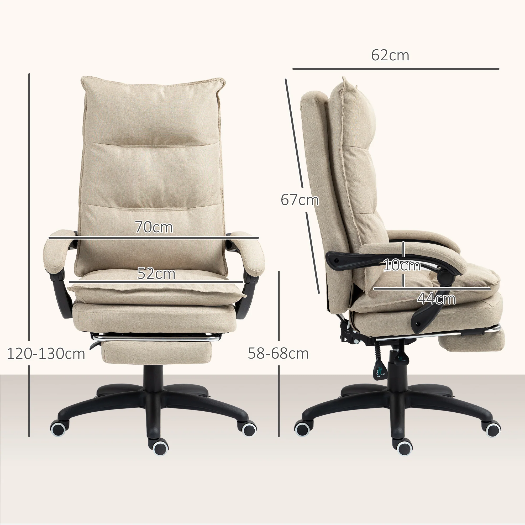 Fauteuil de bureau massant, chaise de bureau, chaise ergonomique avec hauteur réglable, dossier inclinable, repose-pied intégré et télécommande filaire, pivotant à 360°, aspect de lin beige - Image 4