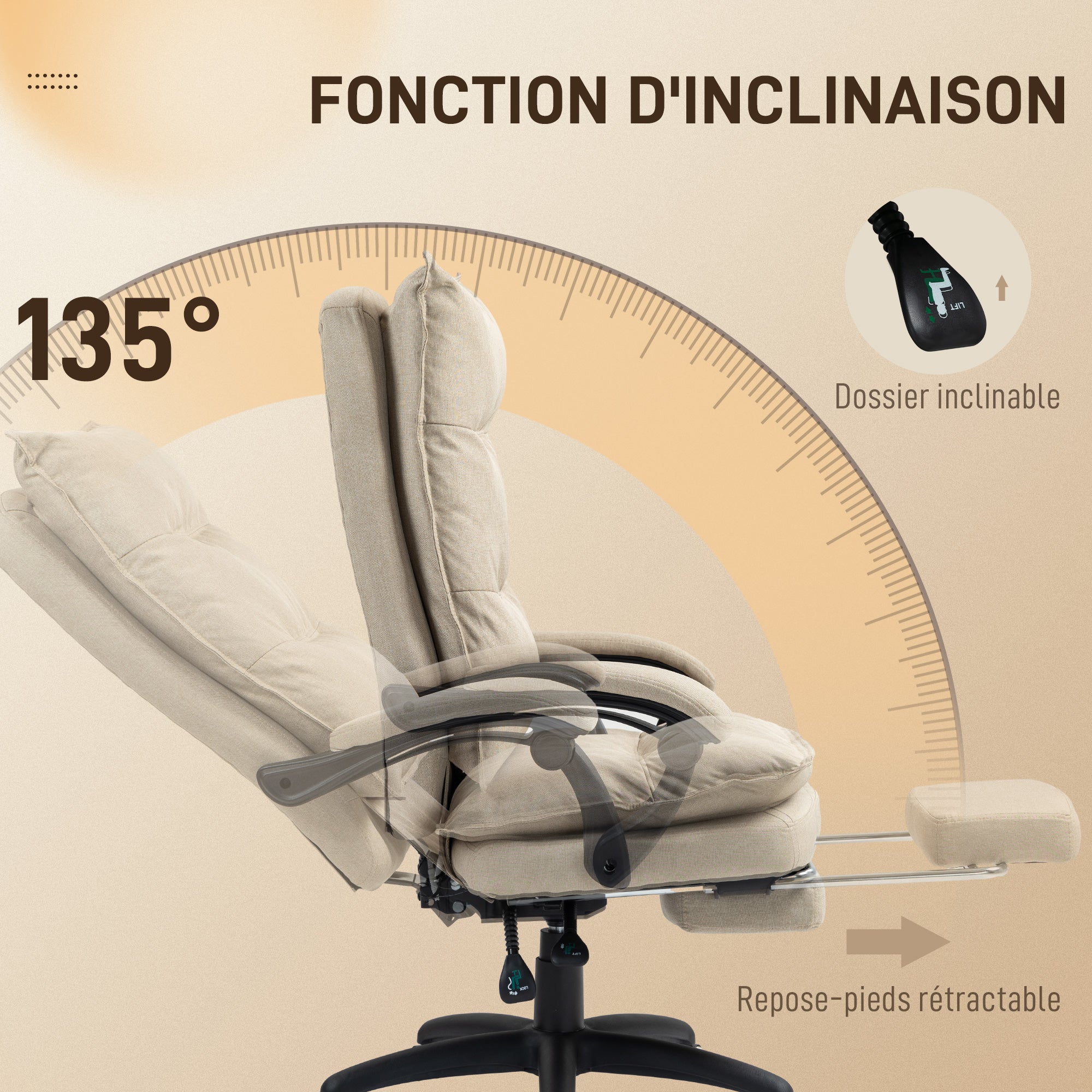Fauteuil de bureau massant, chaise de bureau, chaise ergonomique avec hauteur réglable, dossier inclinable, repose-pied intégré et télécommande filaire, pivotant à 360°, aspect de lin beige - Image 7