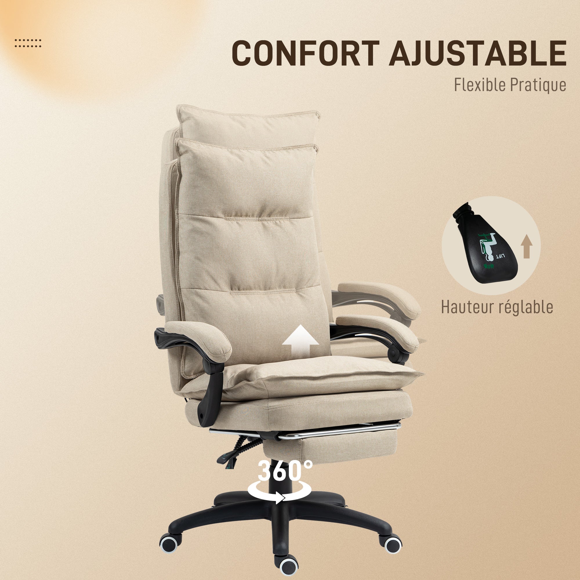 Fauteuil de bureau massant, chaise de bureau, chaise ergonomique avec hauteur réglable, dossier inclinable, repose-pied intégré et télécommande filaire, pivotant à 360°, aspect de lin beige - Image 8