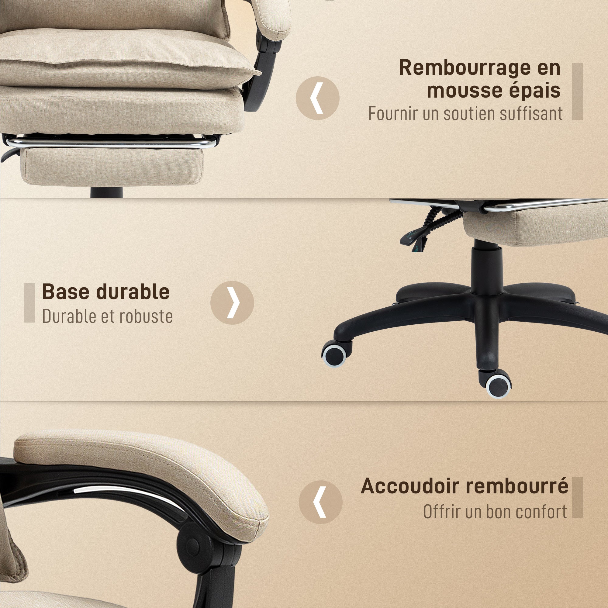 Fauteuil de bureau massant, chaise de bureau, chaise ergonomique avec hauteur réglable, dossier inclinable, repose-pied intégré et télécommande filaire, pivotant à 360°, aspect de lin beige - Image 9