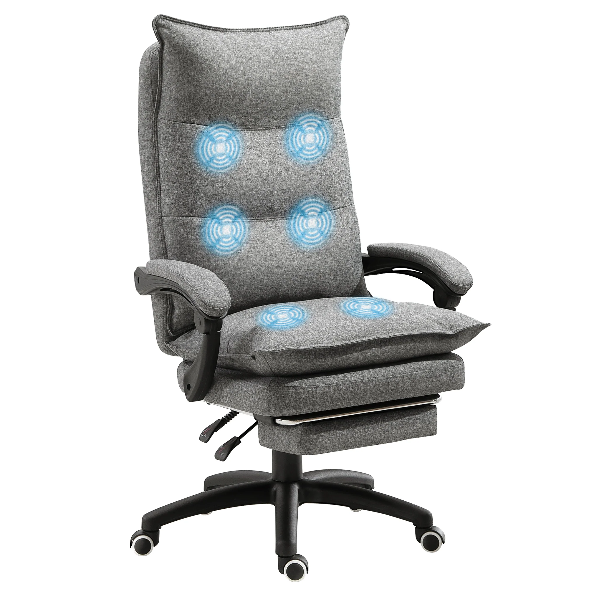 Fauteuil de bureau massant, chaise de bureau, chaise ergonomique avec hauteur réglable, dossier inclinable, repose-pied intégré et télécommande filaire, pivotant à 360°, toile de lin gris - Image 11