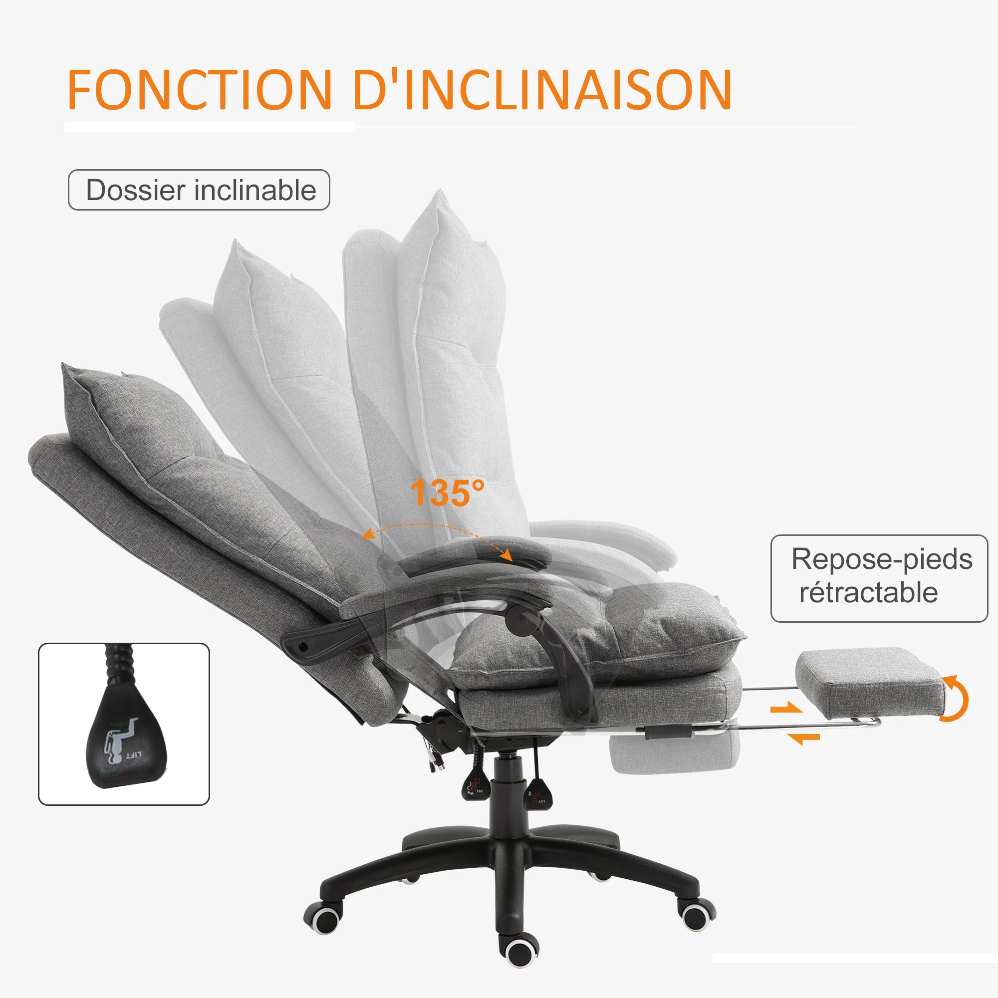 Fauteuil de bureau massant, chaise de bureau, chaise ergonomique avec hauteur réglable, dossier inclinable, repose-pied intégré et télécommande filaire, pivotant à 360°, toile de lin gris - Image 6