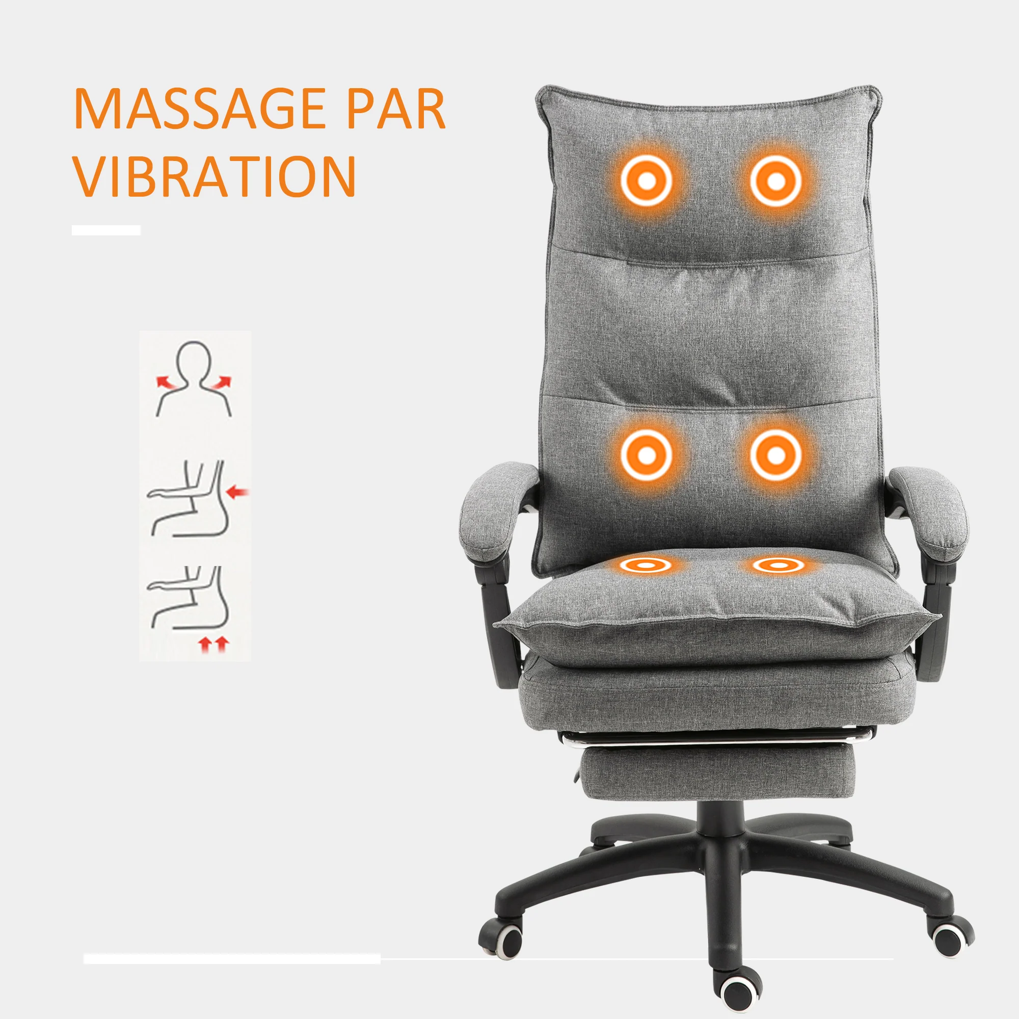 Fauteuil de bureau massant, chaise de bureau, chaise ergonomique avec hauteur réglable, dossier inclinable, repose-pied intégré et télécommande filaire, pivotant à 360°, toile de lin gris - Image 8
