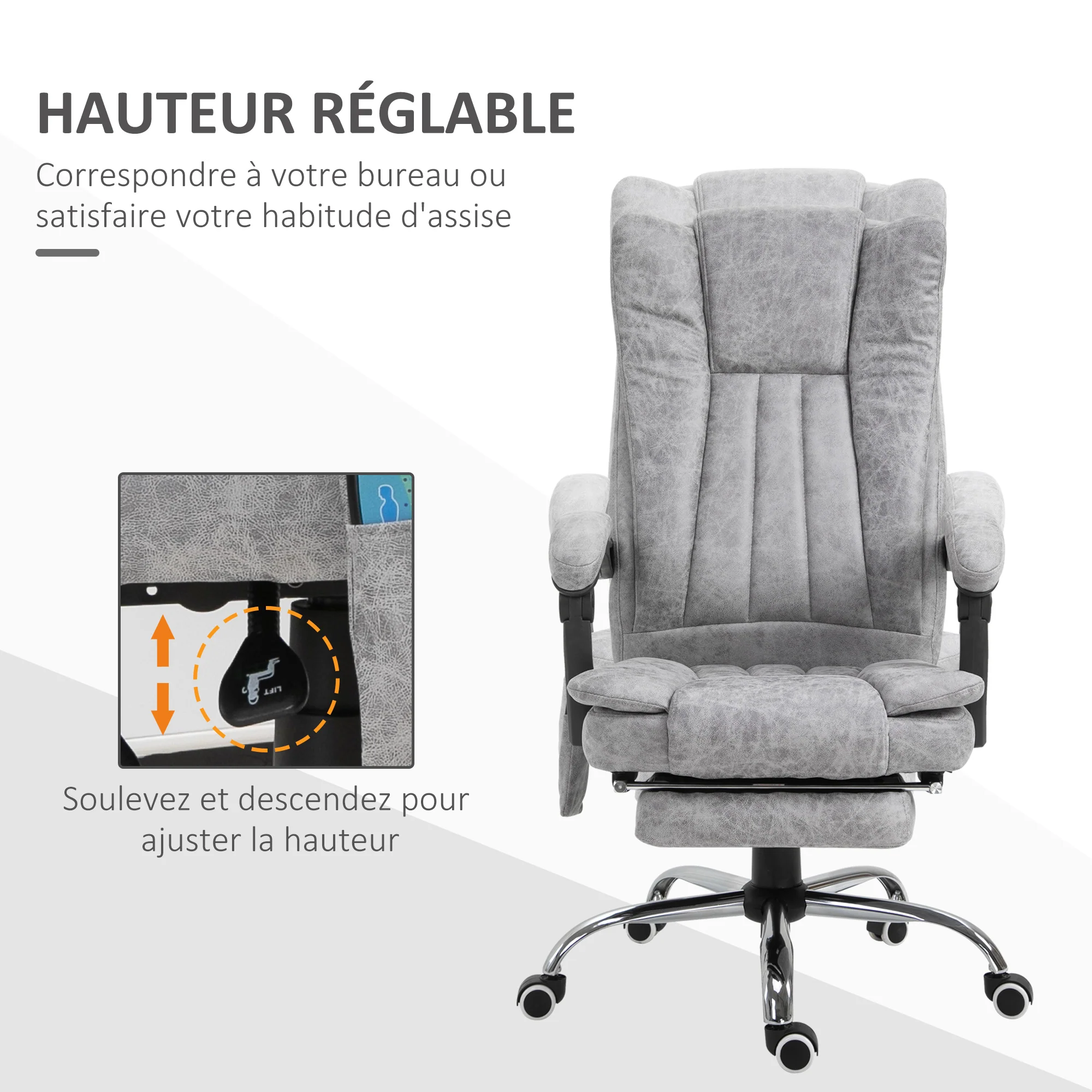 Fauteuil de bureau massant chauffant fauteuil bureau confortable hauteur réglable dossier inclinable repose-pied revêtement synthétique gris - Image 5