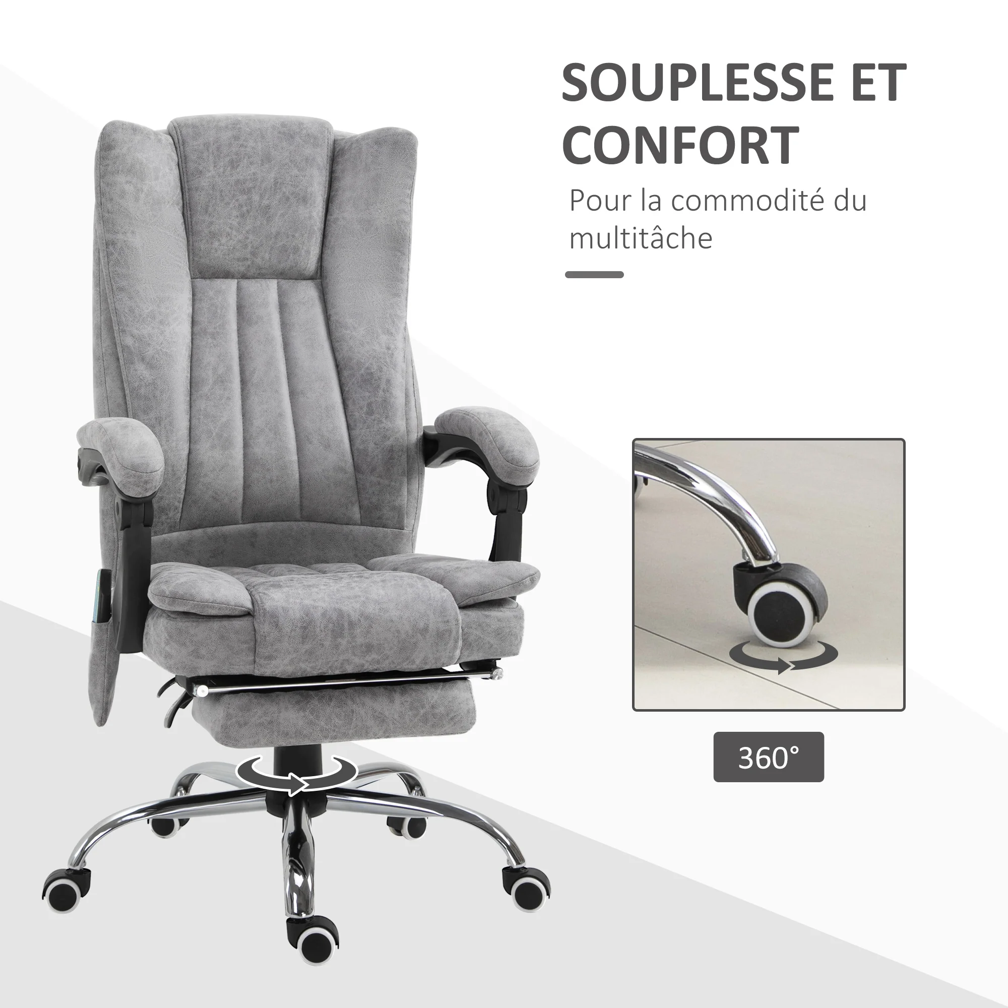 Fauteuil de bureau massant chauffant fauteuil bureau confortable hauteur réglable dossier inclinable repose-pied revêtement synthétique gris - Image 6