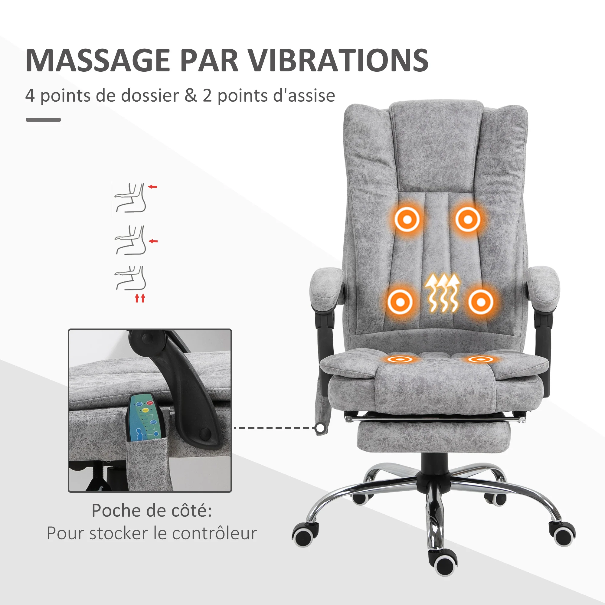 Fauteuil de bureau massant chauffant fauteuil bureau confortable hauteur réglable dossier inclinable repose-pied revêtement synthétique gris - Image 7