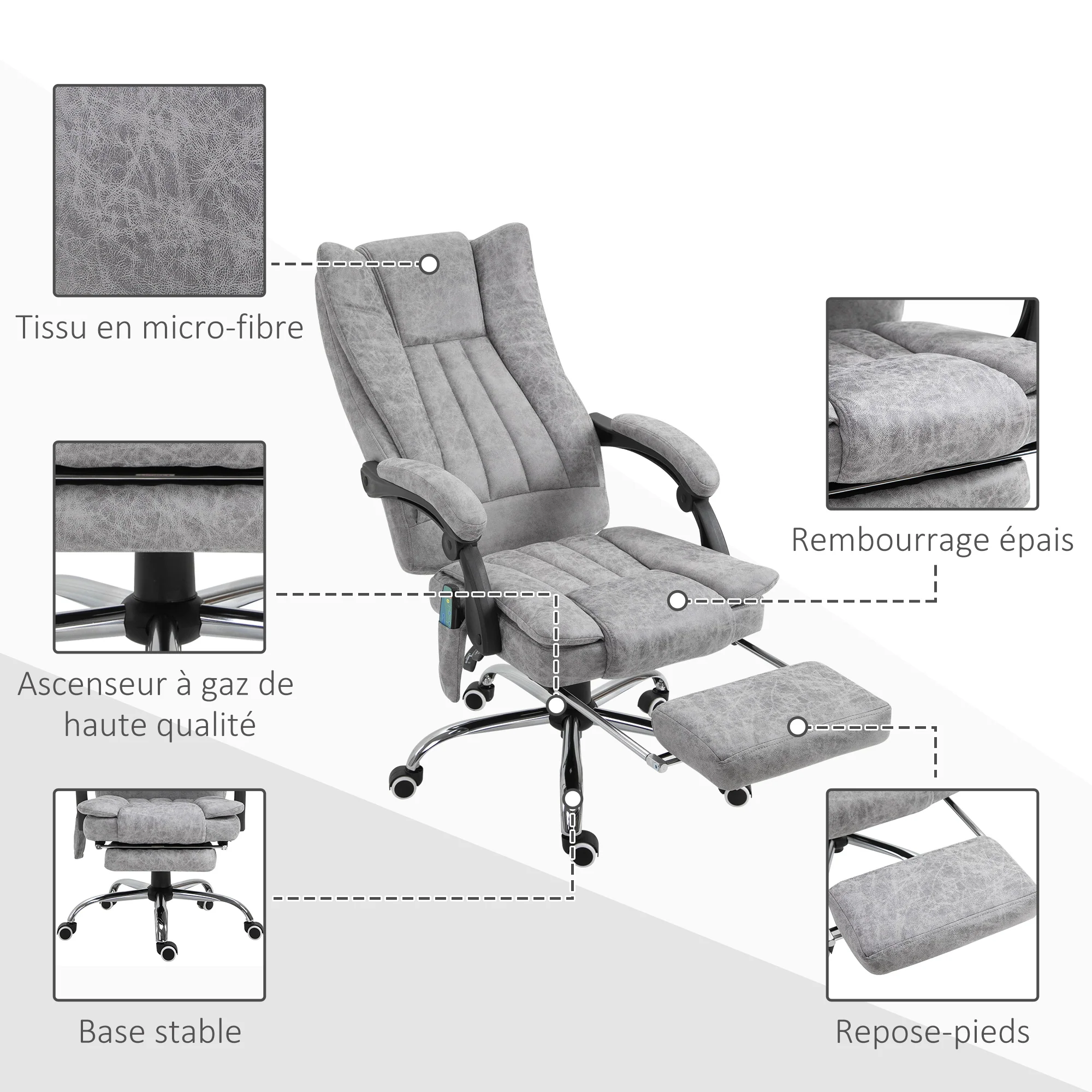 Fauteuil de bureau massant chauffant fauteuil bureau confortable hauteur réglable dossier inclinable repose-pied revêtement synthétique gris - Image 8