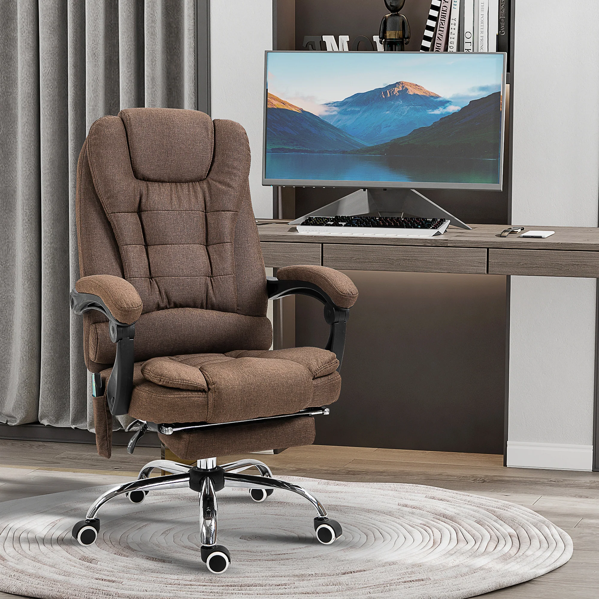 Fauteuil de bureau massant chauffant fauteuil bureau ergonomique hauteur réglable dossier inclinable repose-pied + coussin lombaires intégrés marron - Image 3