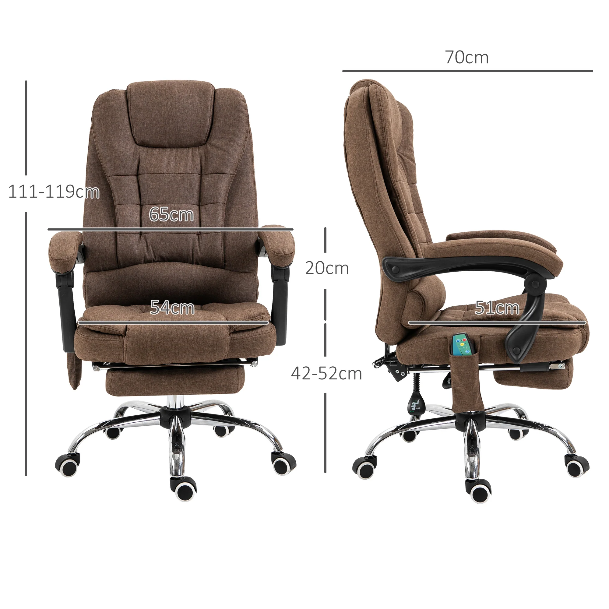 Fauteuil de bureau massant chauffant fauteuil bureau ergonomique hauteur réglable dossier inclinable repose-pied + coussin lombaires intégrés marron - Image 4