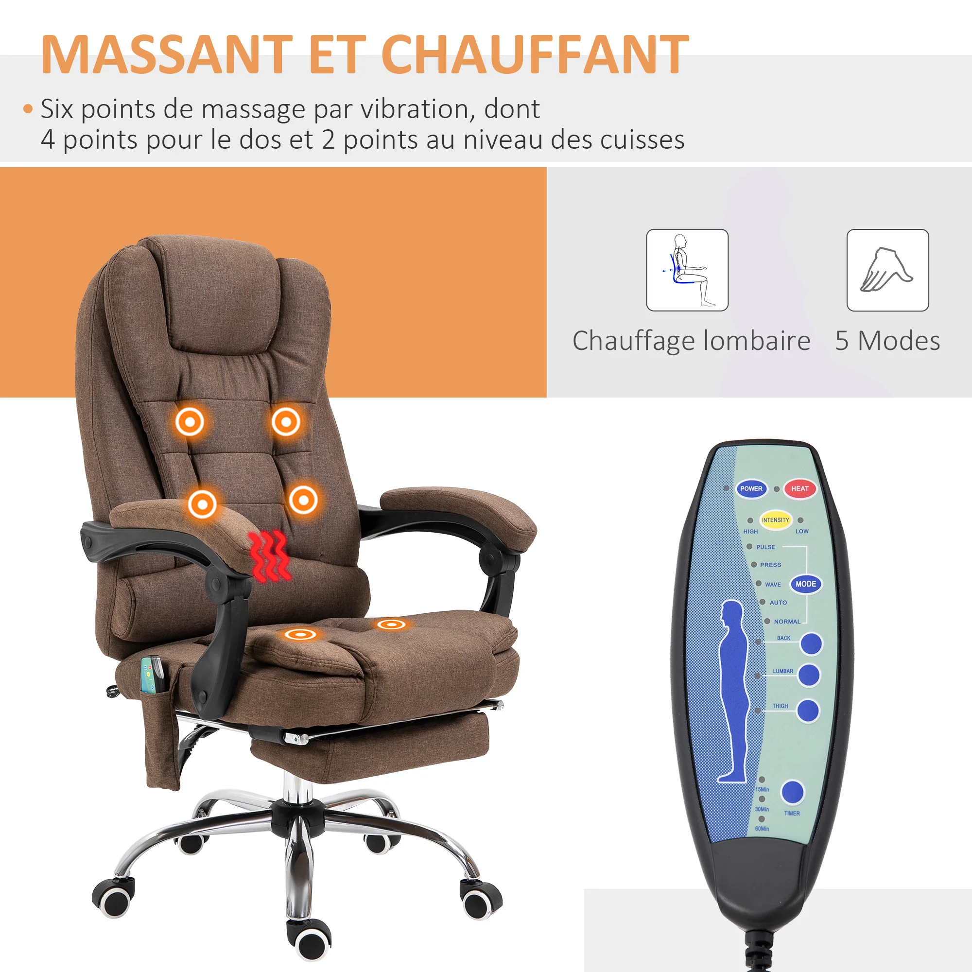 Fauteuil de bureau massant chauffant fauteuil bureau ergonomique hauteur réglable dossier inclinable repose-pied + coussin lombaires intégrés marron - Image 5