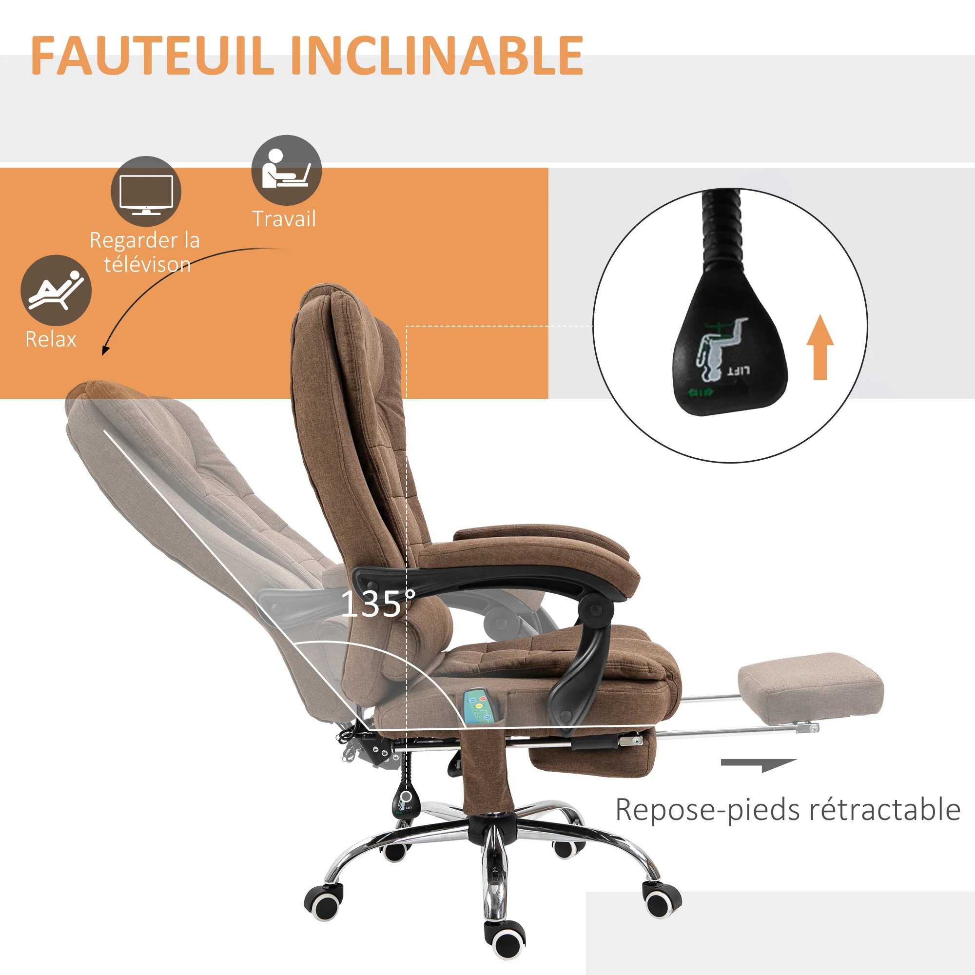 Fauteuil de bureau massant chauffant fauteuil bureau ergonomique hauteur réglable dossier inclinable repose-pied + coussin lombaires intégrés marron - Image 6