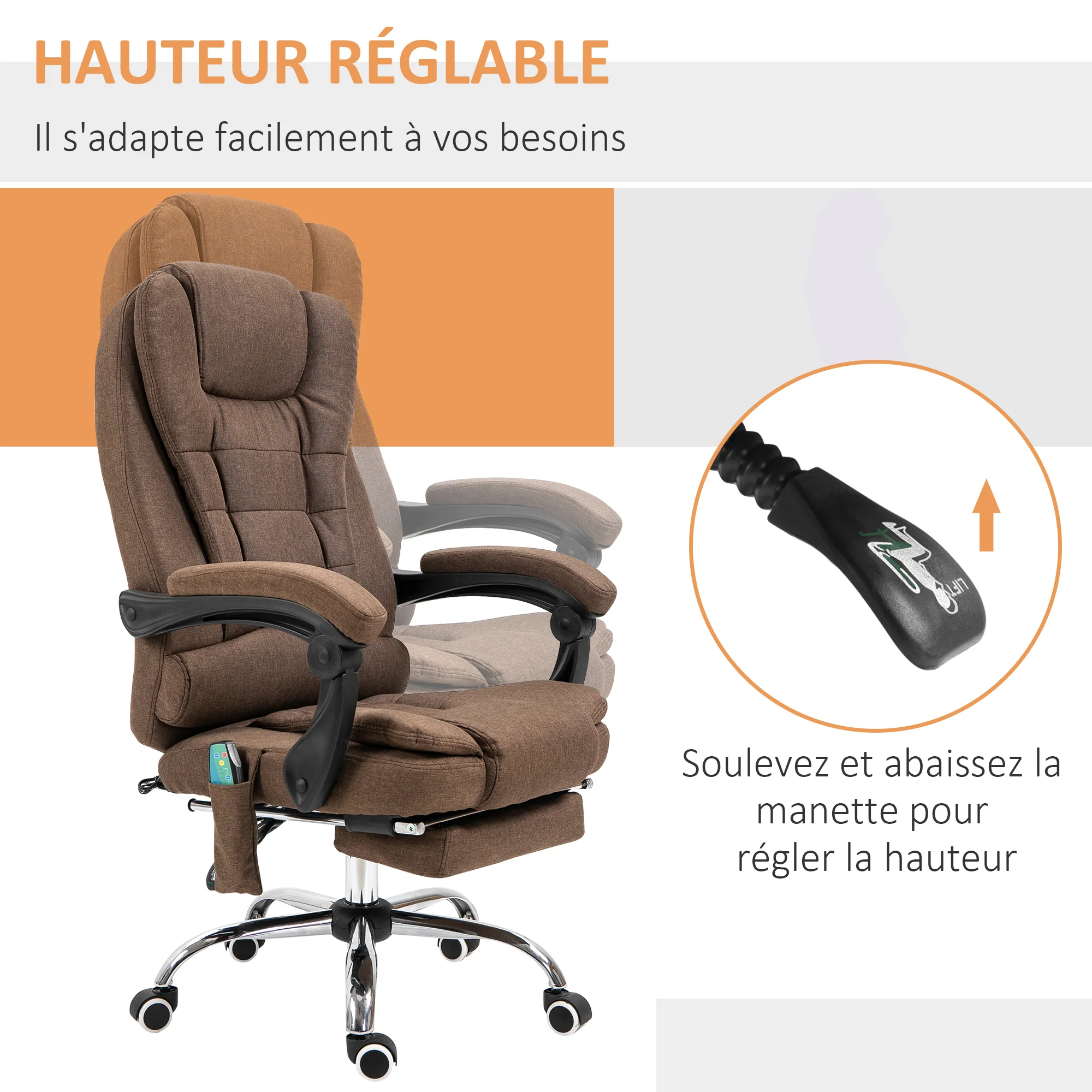 Fauteuil de bureau massant chauffant fauteuil bureau ergonomique hauteur réglable dossier inclinable repose-pied + coussin lombaires intégrés marron - Image 7