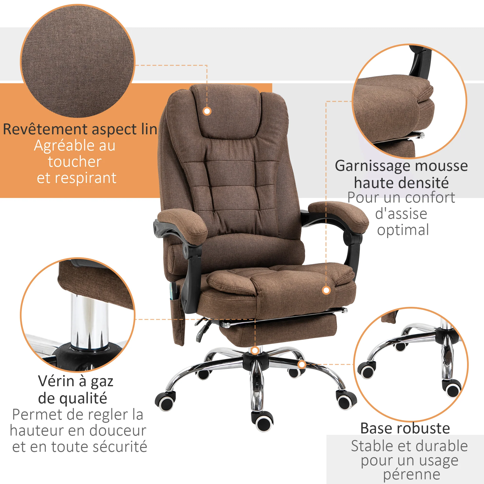 Fauteuil de bureau massant chauffant fauteuil bureau ergonomique hauteur réglable dossier inclinable repose-pied + coussin lombaires intégrés marron - Image 9