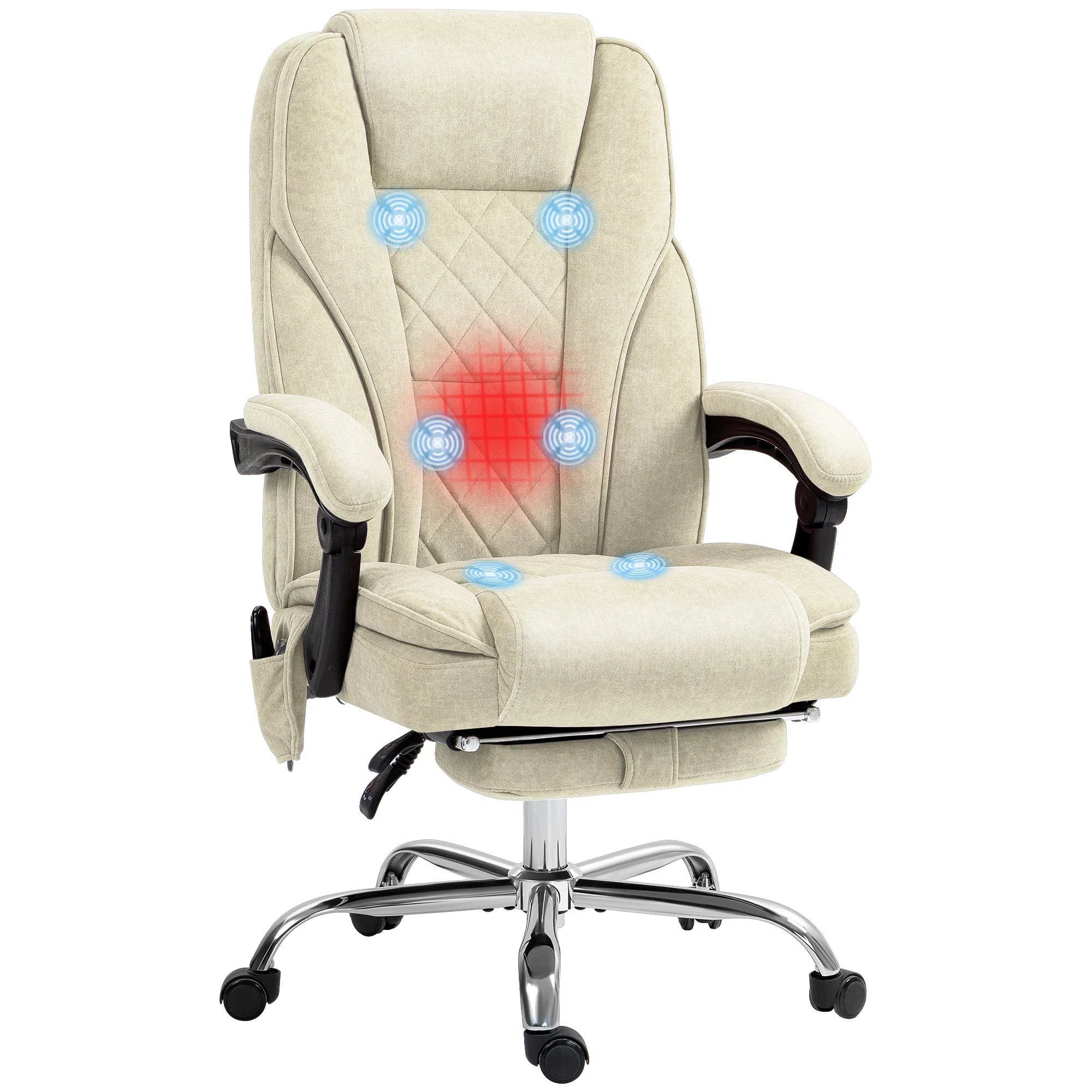 Fauteuil de bureau massant et chauffant chaise de bureau chaise ergonomique avec hauteur réglable dossier inclinable télécommande filaire repose-pieds rétractable et pivotant 360° beige - Image 11
