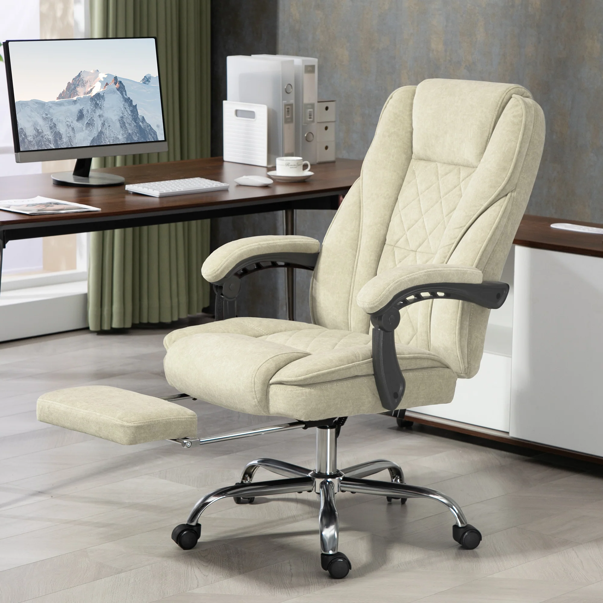 Fauteuil de bureau massant et chauffant chaise de bureau chaise ergonomique avec hauteur réglable dossier inclinable télécommande filaire repose-pieds rétractable et pivotant 360° beige - Image 3