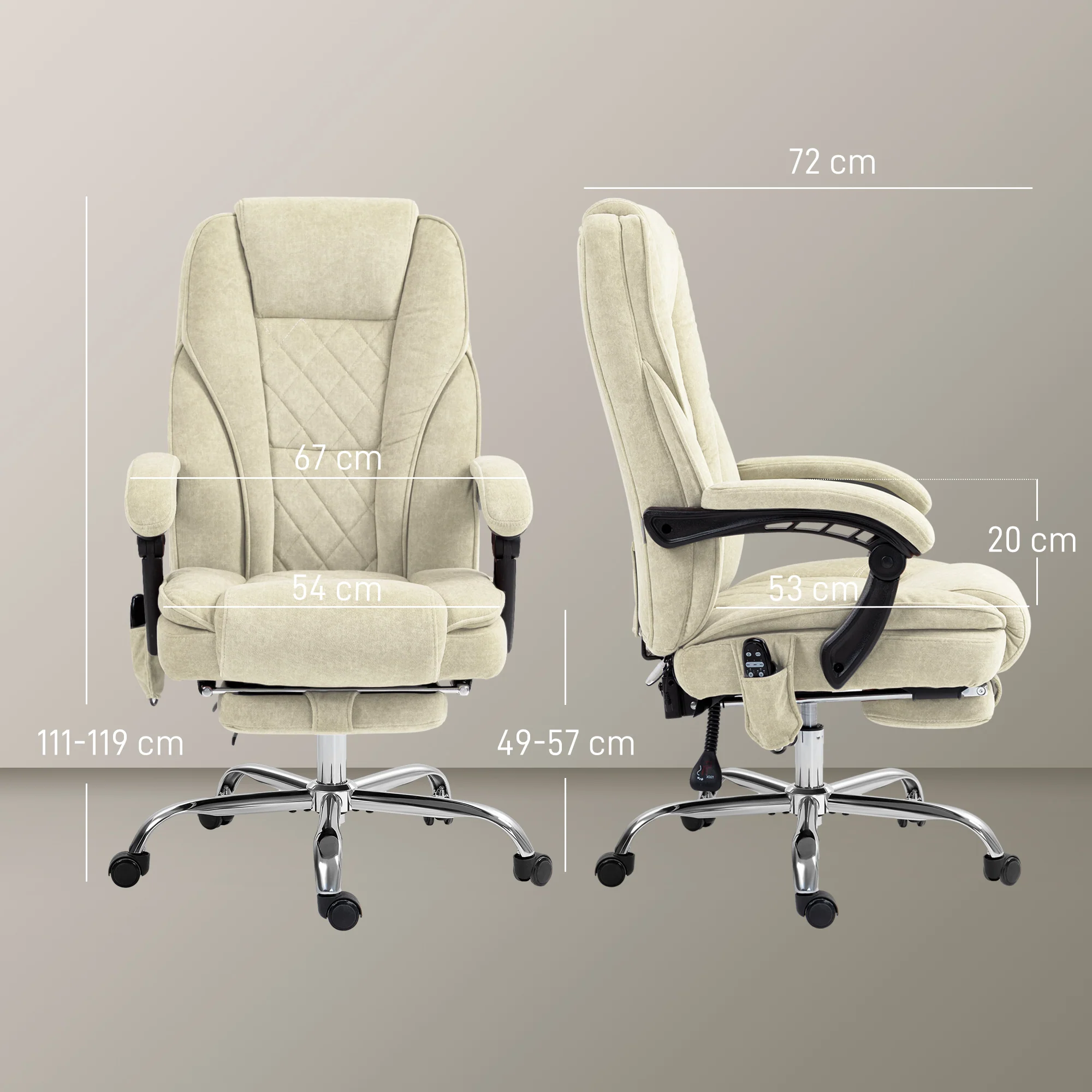 Fauteuil de bureau massant et chauffant chaise de bureau chaise ergonomique avec hauteur réglable dossier inclinable télécommande filaire repose-pieds rétractable et pivotant 360° beige - Image 4