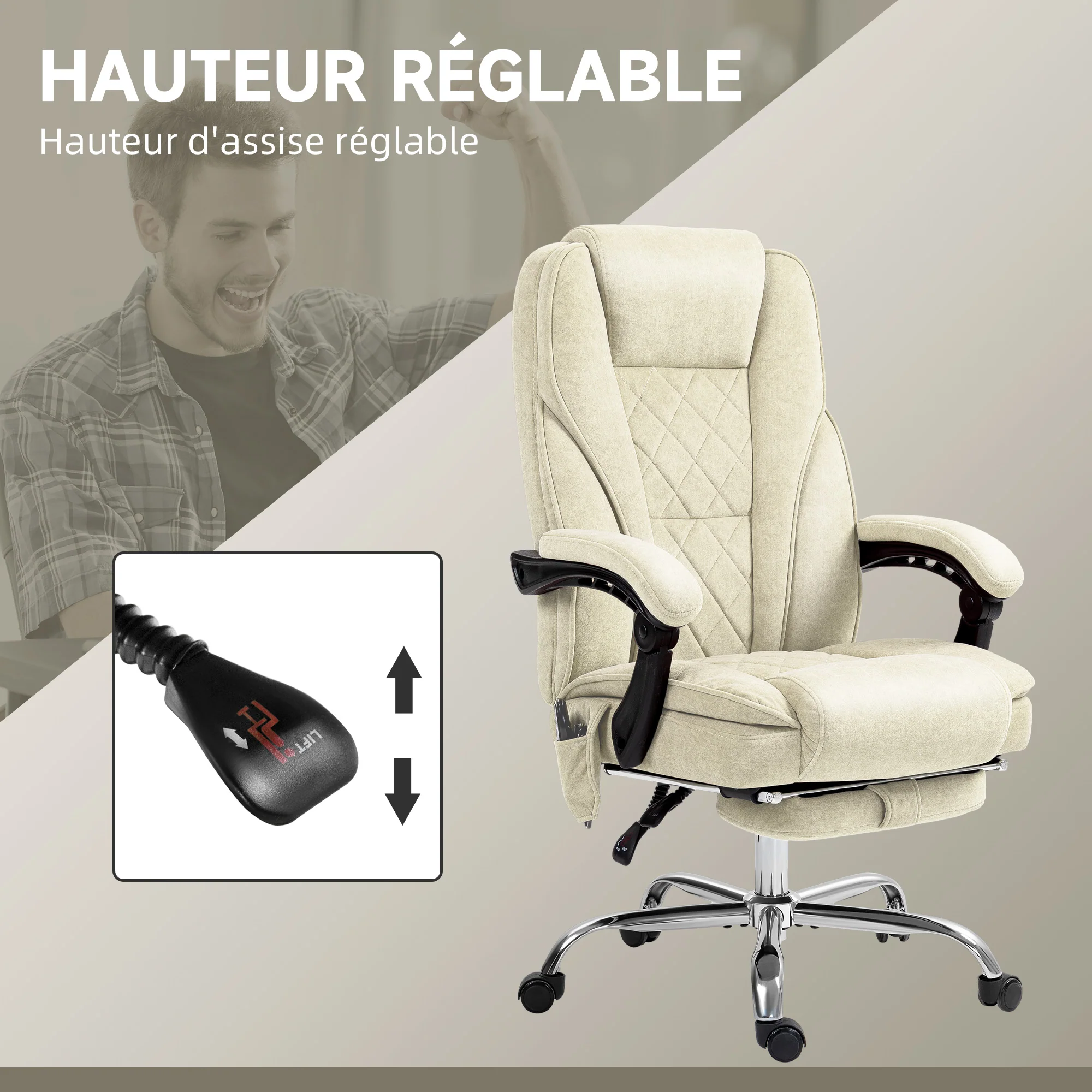 Fauteuil de bureau massant et chauffant chaise de bureau chaise ergonomique avec hauteur réglable dossier inclinable télécommande filaire repose-pieds rétractable et pivotant 360° beige - Image 6