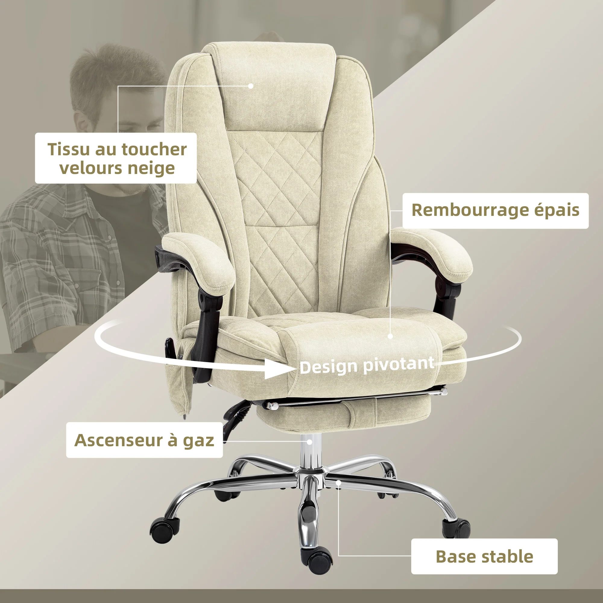 Fauteuil de bureau massant et chauffant chaise de bureau chaise ergonomique avec hauteur réglable dossier inclinable télécommande filaire repose-pieds rétractable et pivotant 360° beige - Image 8