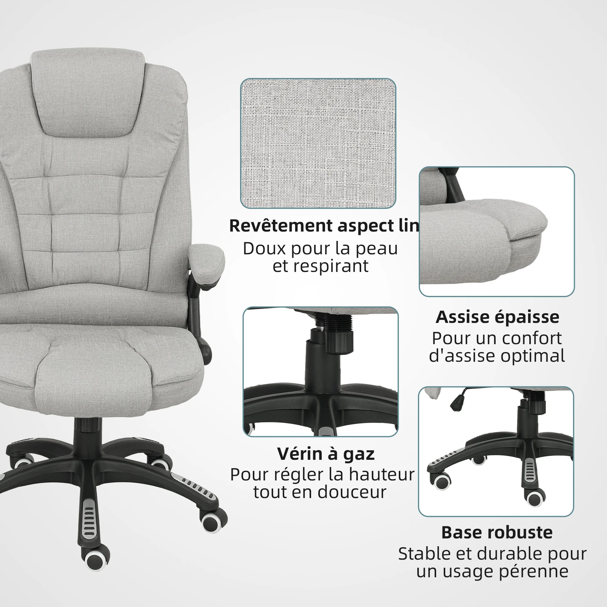 Fauteuil de bureau massant et chauffant, chaise de bureau, chaise ergonomique avec hauteur réglable, dossier inclinable et télécommande filaire, pivotant à 360° tissu en polyester gris clair - Image 10