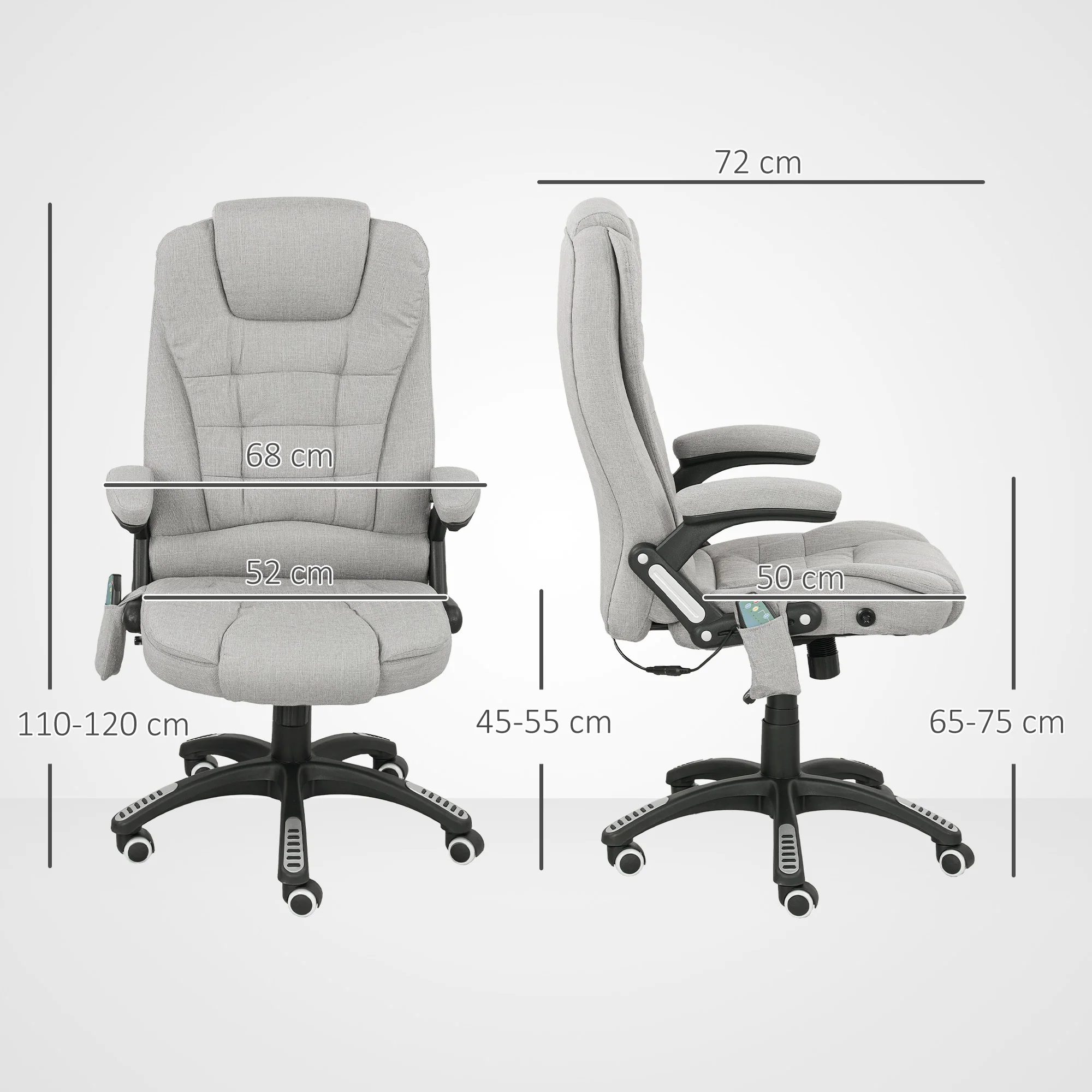 Fauteuil de bureau massant et chauffant, chaise de bureau, chaise ergonomique avec hauteur réglable, dossier inclinable et télécommande filaire, pivotant à 360° tissu en polyester gris clair - Image 4