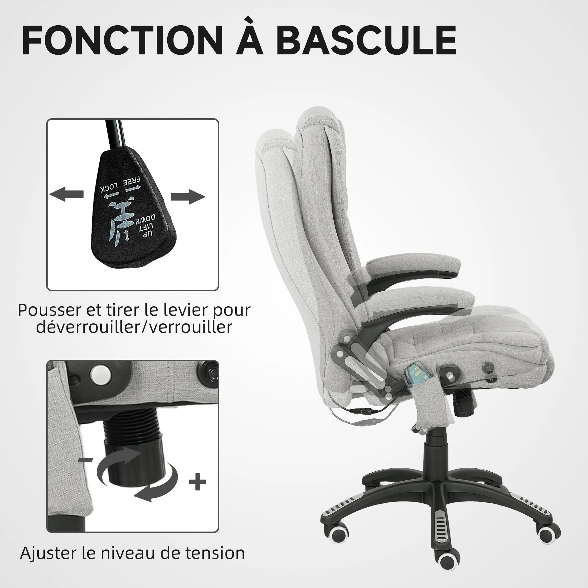 Fauteuil de bureau massant et chauffant, chaise de bureau, chaise ergonomique avec hauteur réglable, dossier inclinable et télécommande filaire, pivotant à 360° tissu en polyester gris clair - Image 7