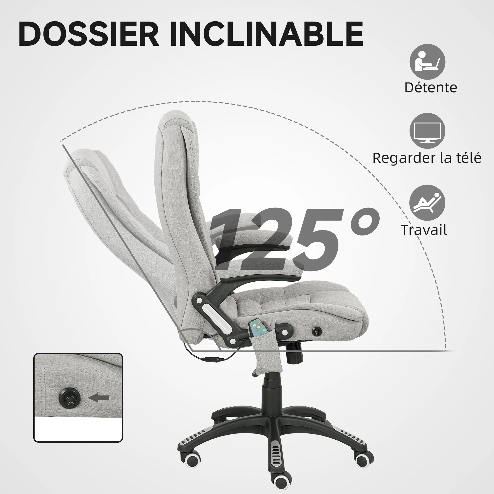 Fauteuil de bureau massant et chauffant, chaise de bureau, chaise ergonomique avec hauteur réglable, dossier inclinable et télécommande filaire, pivotant à 360° tissu en polyester gris clair - Image 8