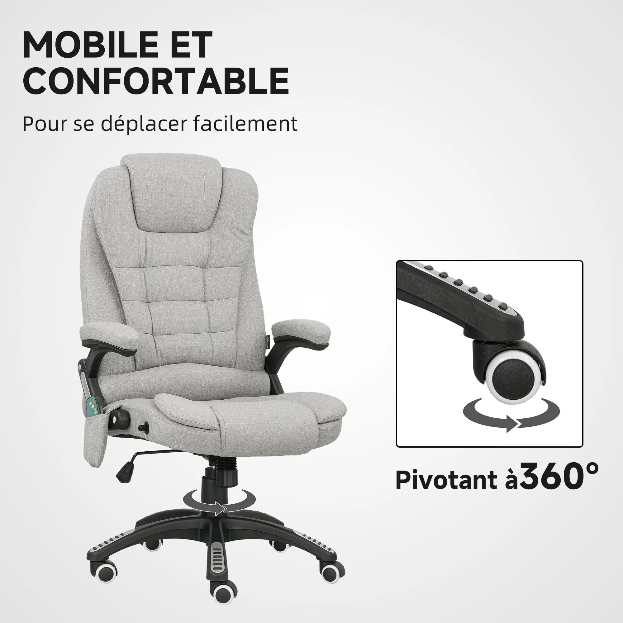 Fauteuil de bureau massant et chauffant, chaise de bureau, chaise ergonomique avec hauteur réglable, dossier inclinable et télécommande filaire, pivotant à 360° tissu en polyester gris clair - Image 9