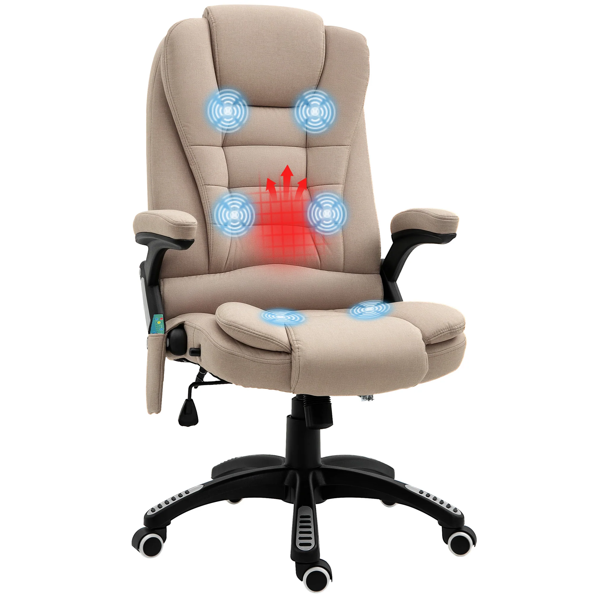 Fauteuil de bureau massant et chauffant, chaise de bureau, chaise ergonomique avec hauteur réglable, dossier inclinable et télécommande filaire, pivotant à 360° tissu en polyester beige - Image 11